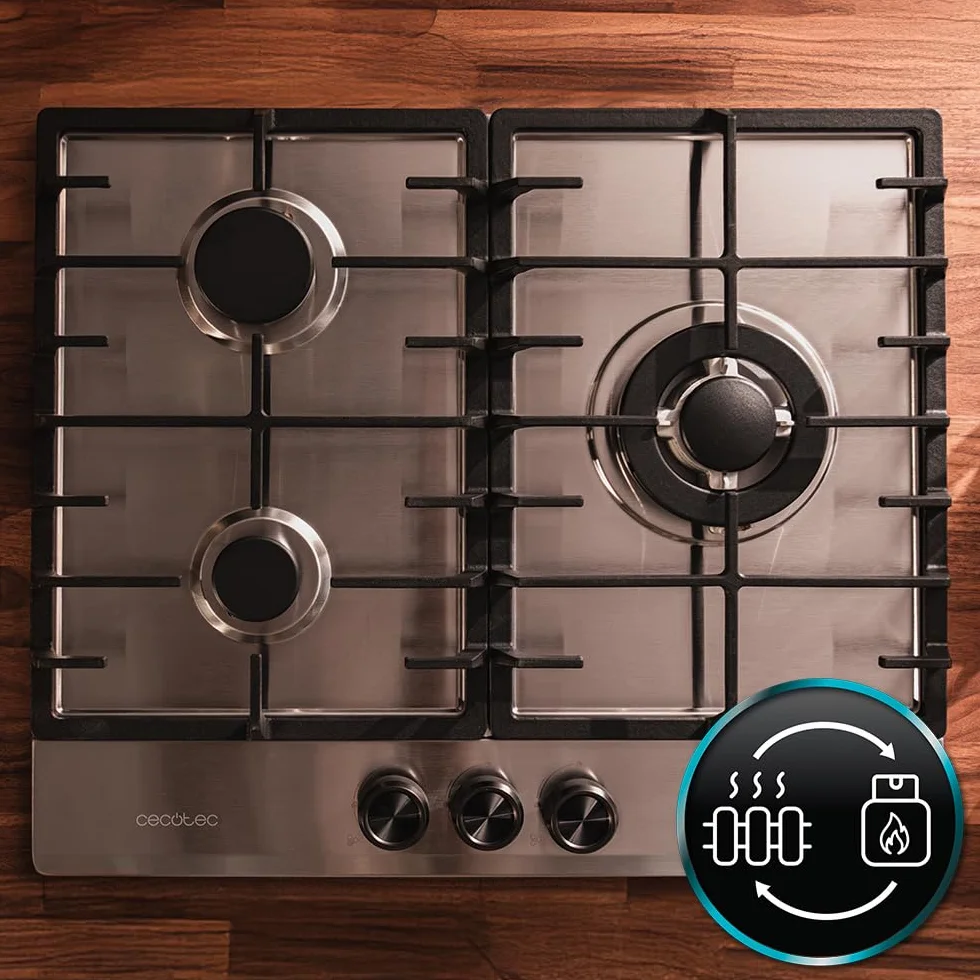Cecotec Placa de Gas 3 Fuegos Bolero Squad GN 3200F Inox 6,25 kW Acero Inoxidable Quemador Wok Triple Corona Encendido Automático