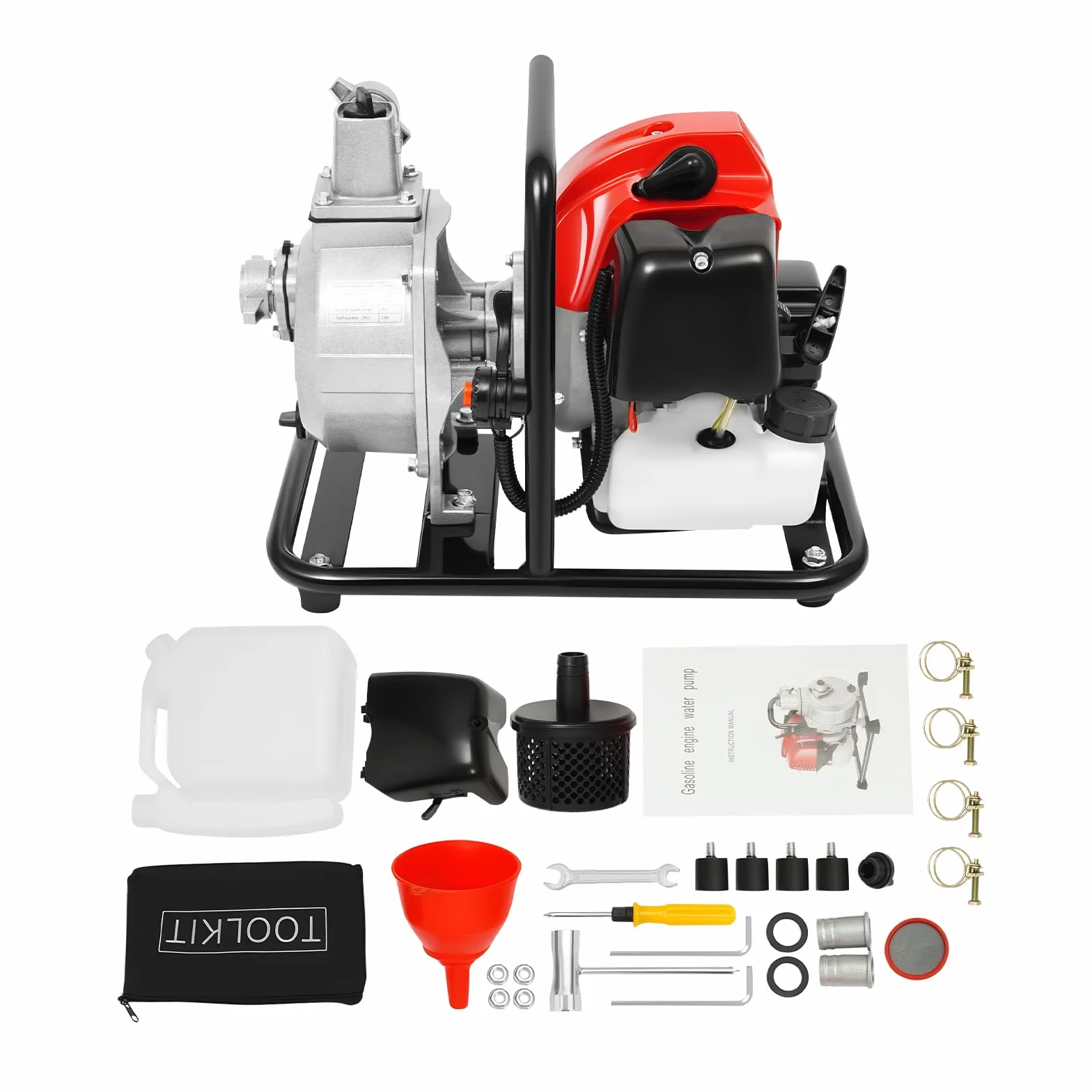 Bomba de agua de gasolina de 1 pulgada, motor de 2 tiempos de 43 cc, bomba de jardín autocebante de 1,7 CV, altura máxima de extracción de 30 m, 8100 l/h, ideal para agua sucia, estanque, piscina