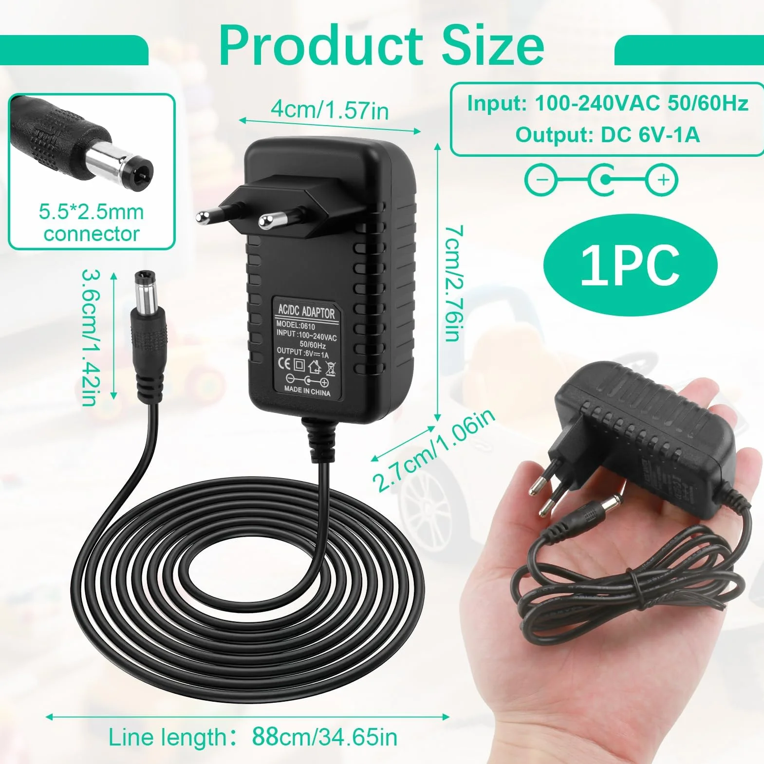Cargador de Vehículo Eléctrico para Niños 6V 1A Conector 5,5 mm * 2,5 mm