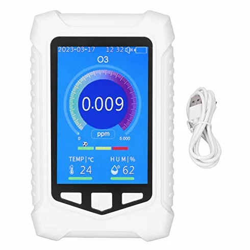 Medidor Calidad Aire, O3 86-106Kpa 0-50ppm Detector de Ozono con Carga USB Pantalla LCD de 3,5 Pulgadas para Interior
