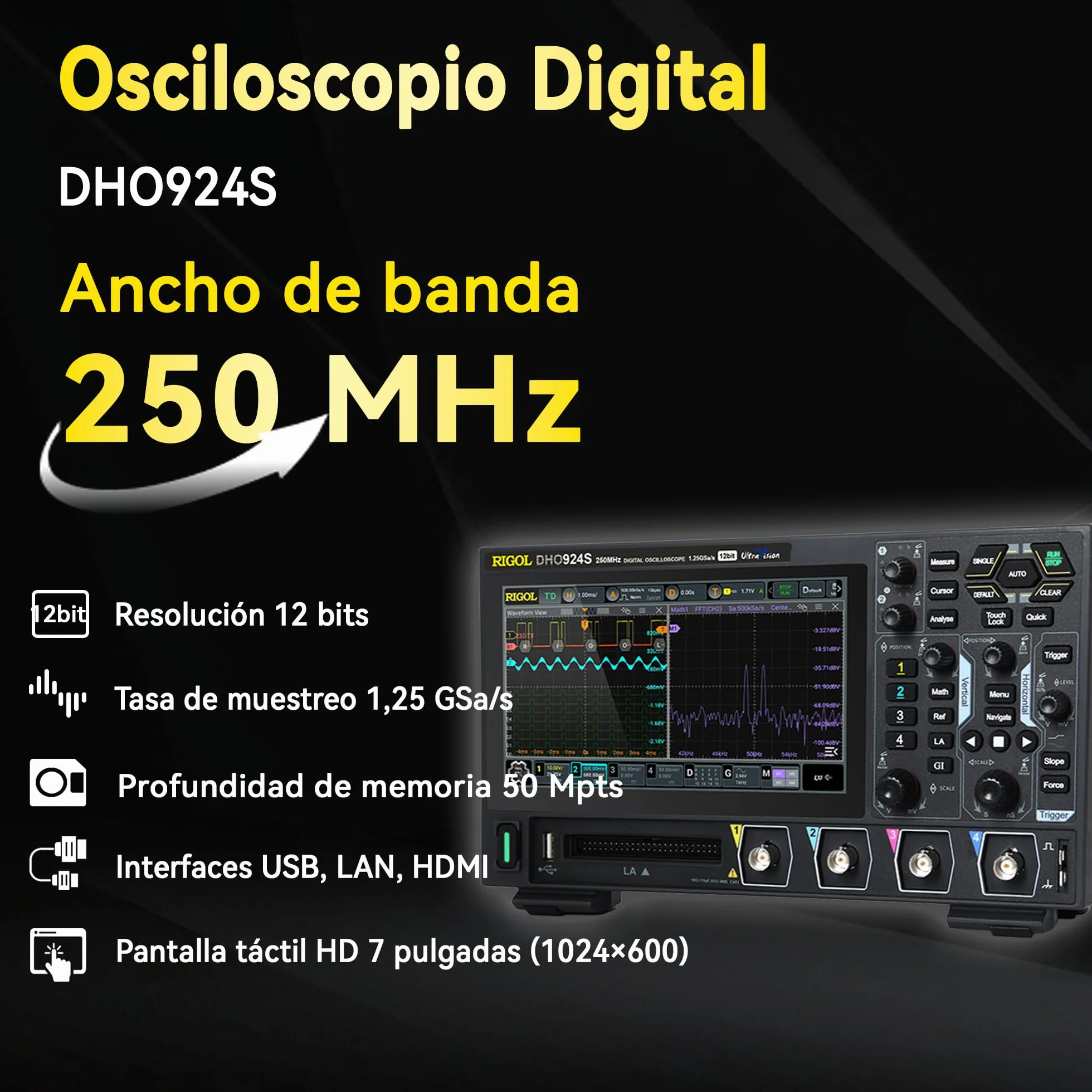 RIGOL Osciloscopio,DHO924S Osciloscopio Digital Portatil,250MHz,4A+16D canales,Resolución 12 bits,Pantalla táctil HD 7",Generador de señales integrado,Para pruebas en campo y enseñanza en laboratorio