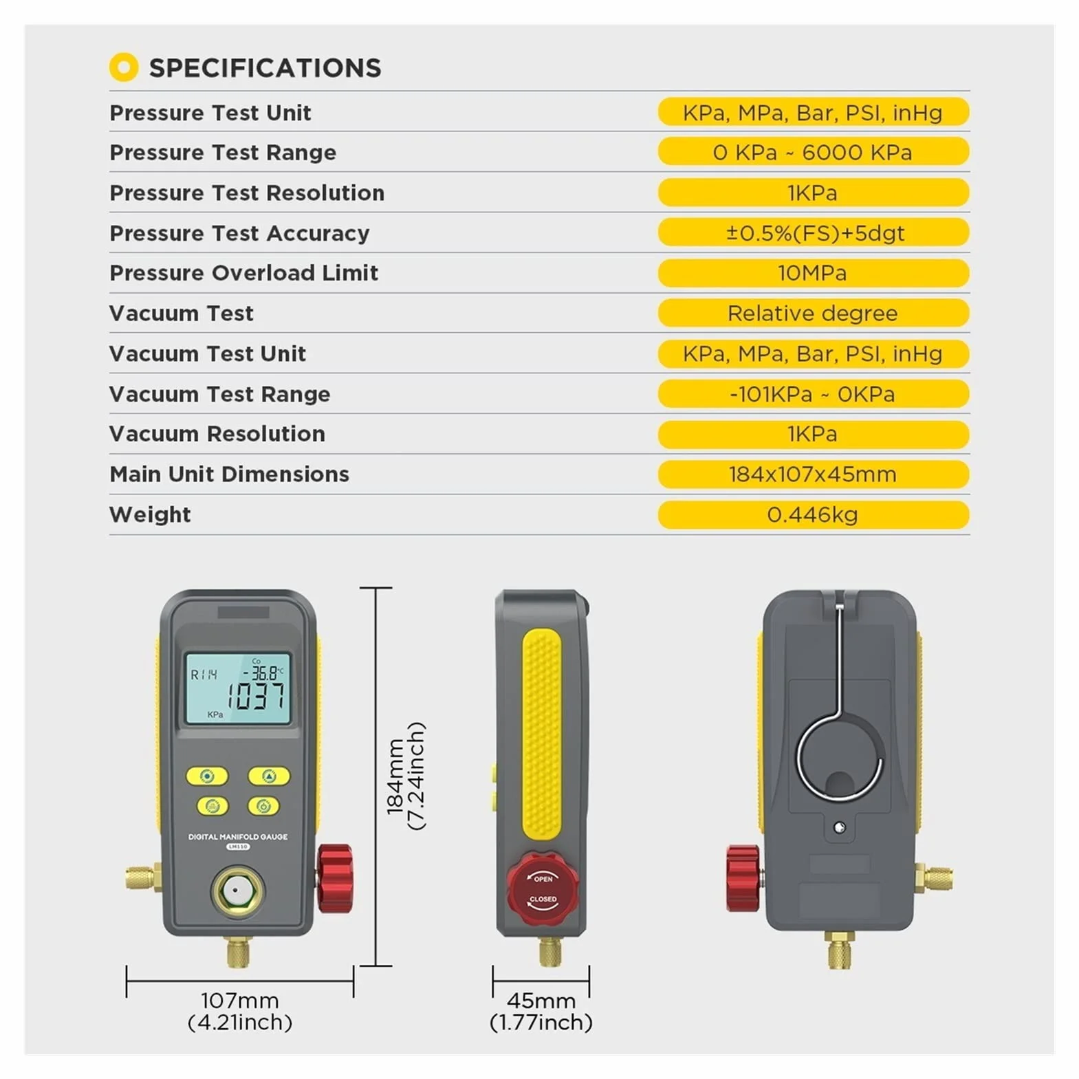 LM110 Digital Refrigeration Manifold Gauge Vacuum Pressure Temperature Meter Test Air-Conditioning,Alta precisión