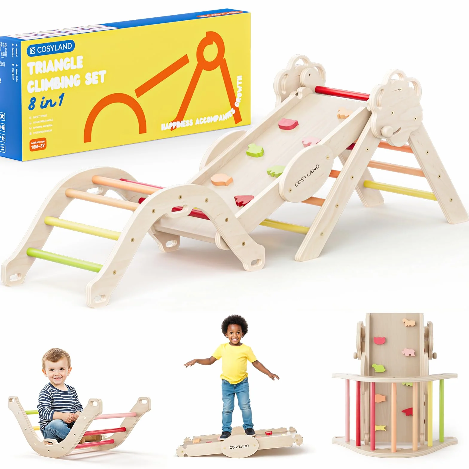 COSYLAND Triángulo de Escalada Montessori 8 en 1 con Arco y Rampa, Juguete de Madera para Niños 18 Meses-6 años