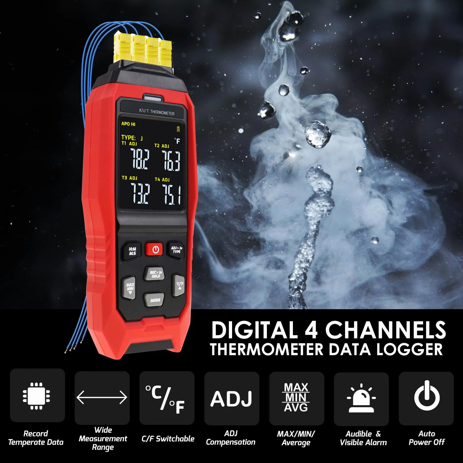 Registrador de Datos de Termómetro Termopar Termómetro Digital Tipo K de 4 Canales, Registrador de Datos de Temperatura en Tiempo Real, 5000 Grupos de Registros, Alarmas Acústicas/Visuales -328~2501°F