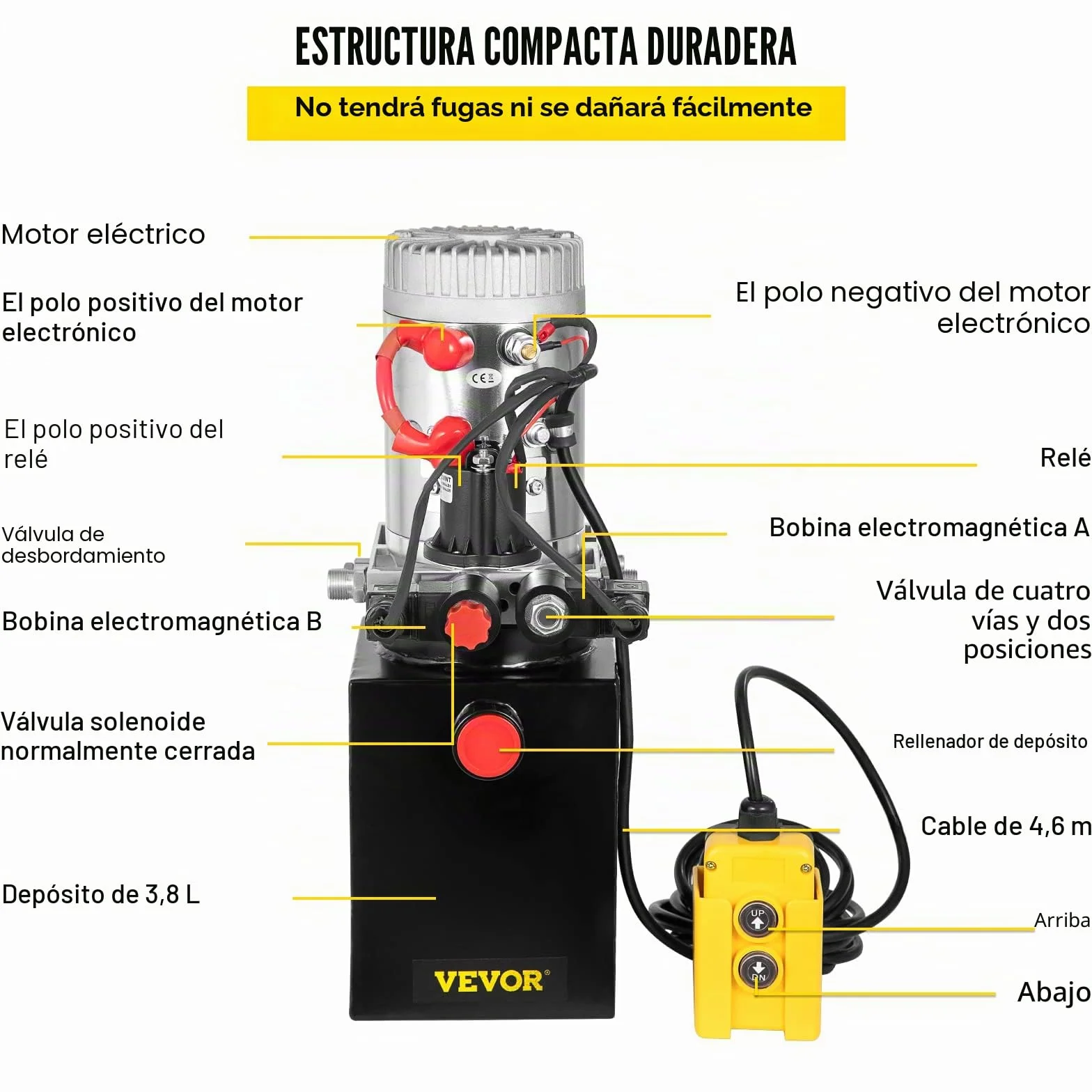 VEVOR Bomba Hidráulica Remolque Tanque 12V con Doble Efecto 4L, para Remolque de Coches, Depósito de Metal, Bomba Hidráulica con Efecto Doble para Remolque Volquete