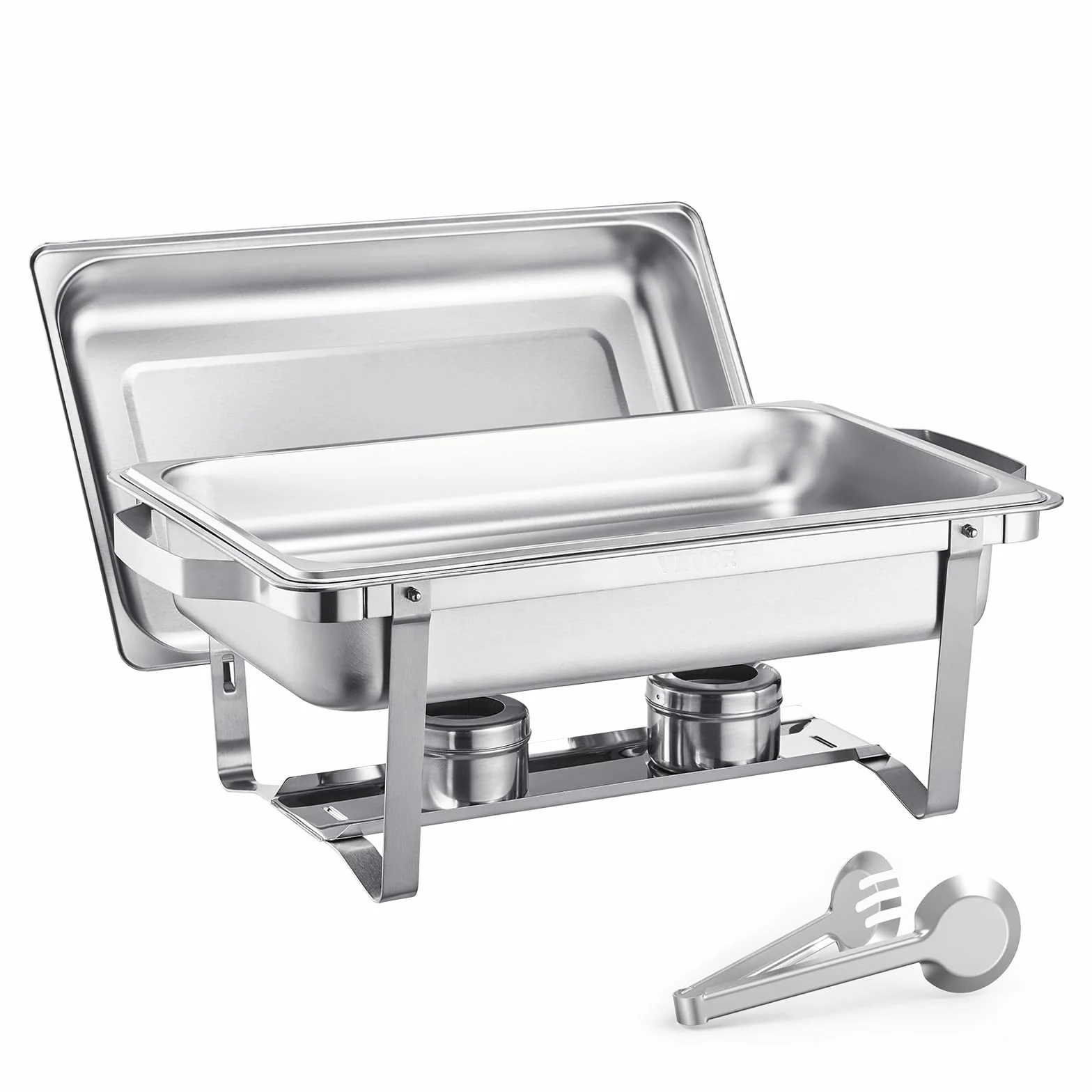 VEVOR Calentador de Alimentos para Bufé(7,5 L), con 2 Sartenes de Tamaño Completo, Dispensador de Calor Rectangular para Catering con Tapa y Soporte para Combustible, para Bodas, Plata, 2 uds