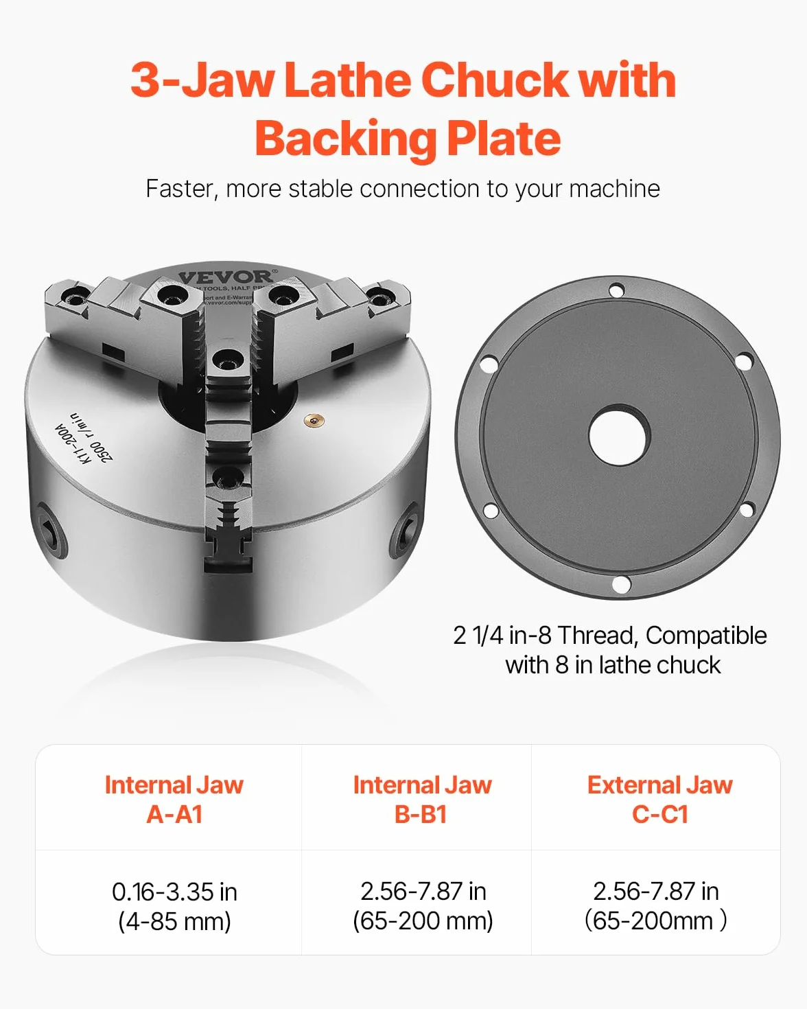 VEVOR Mandril de Torno de 3 Mordazas Diámetro Exterior de 200 mm, Autocentrante con Placa de Soporte Roscada, Rango de Sujeción de 4-200 mm con Tornillos de Llave en T para Torno de Madera y Metal