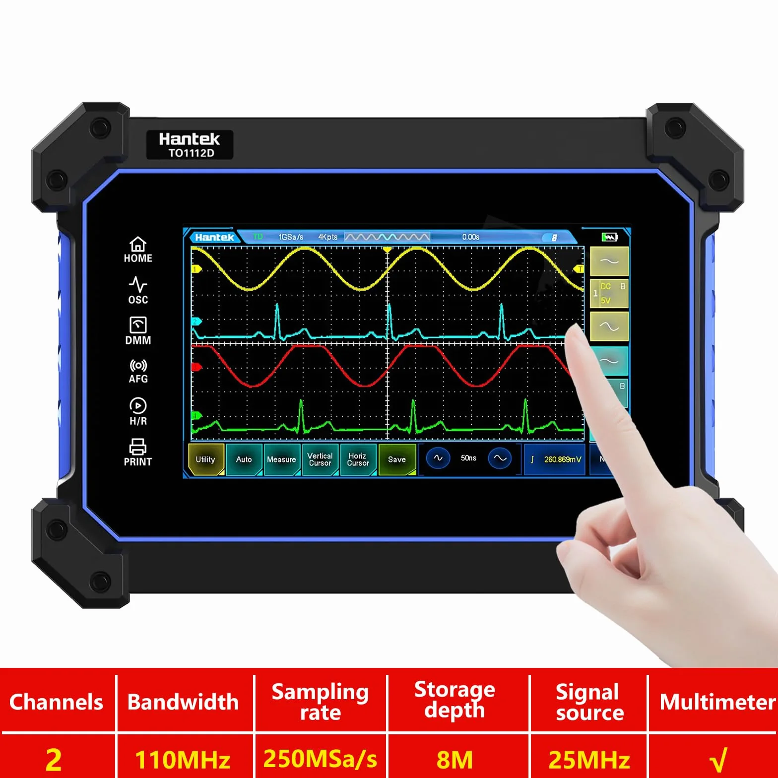 Hantek TO1112D Pantalla táctil Digital Osciloscopio 2 canales 110Mhz Hanheld Tableta Digital Osciloscopio +Fuente de señal +Multímetro