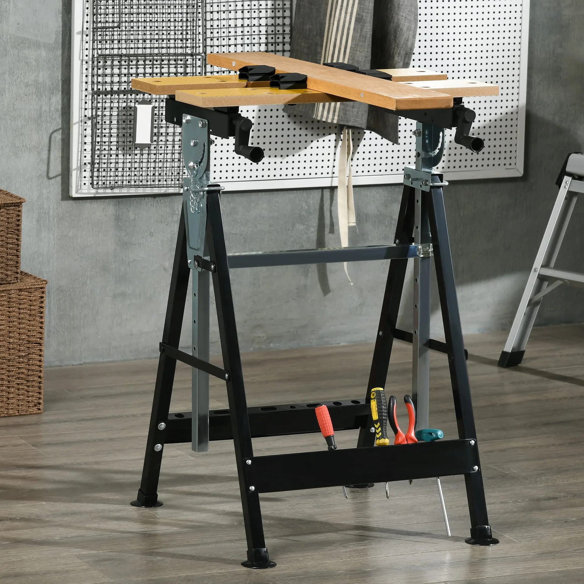 HOMCOM Banco de Trabajo Ajustable en Altura 65x57x85-114 cm Madera Natural y Negro