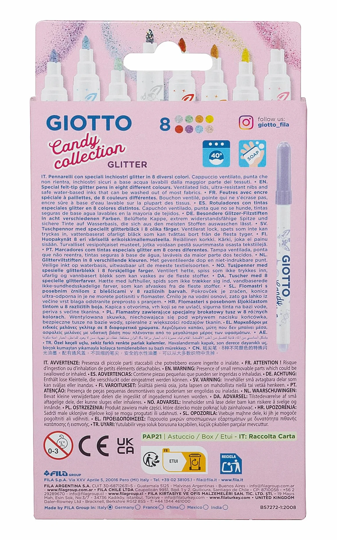 Giotto Turbo Glitter Candy Collection Rotuladores Fibra Tinta Purpurina 8 Unidades