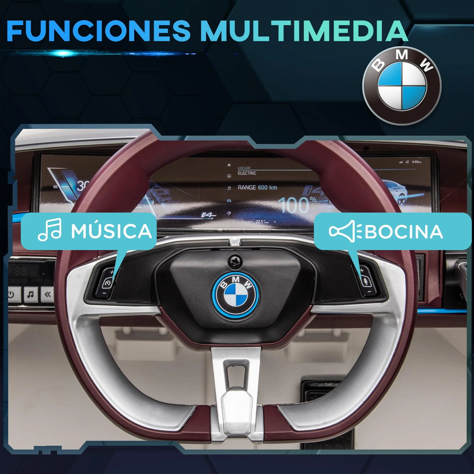 HOMCOM Coche Eléctrico para Niños BMW I4 12V con Control Remoto Música MP3 Pantalla Luces 115x67x45 cm Blanco
