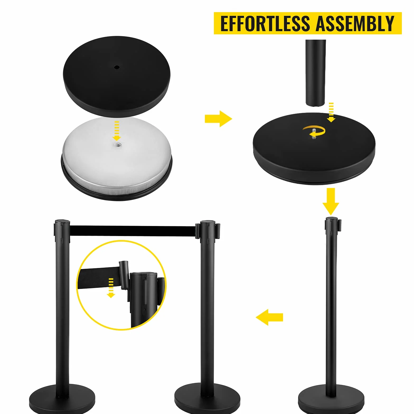 VEVOR Postes Separadores 8 piezas Altura 90 cm Negros Poste Separador con Cinta Extensible de 2 m Diámetro de Base 32 cm Postes de Barrera de Control de Multitudes Retráctiles (8 pcs, Negro)