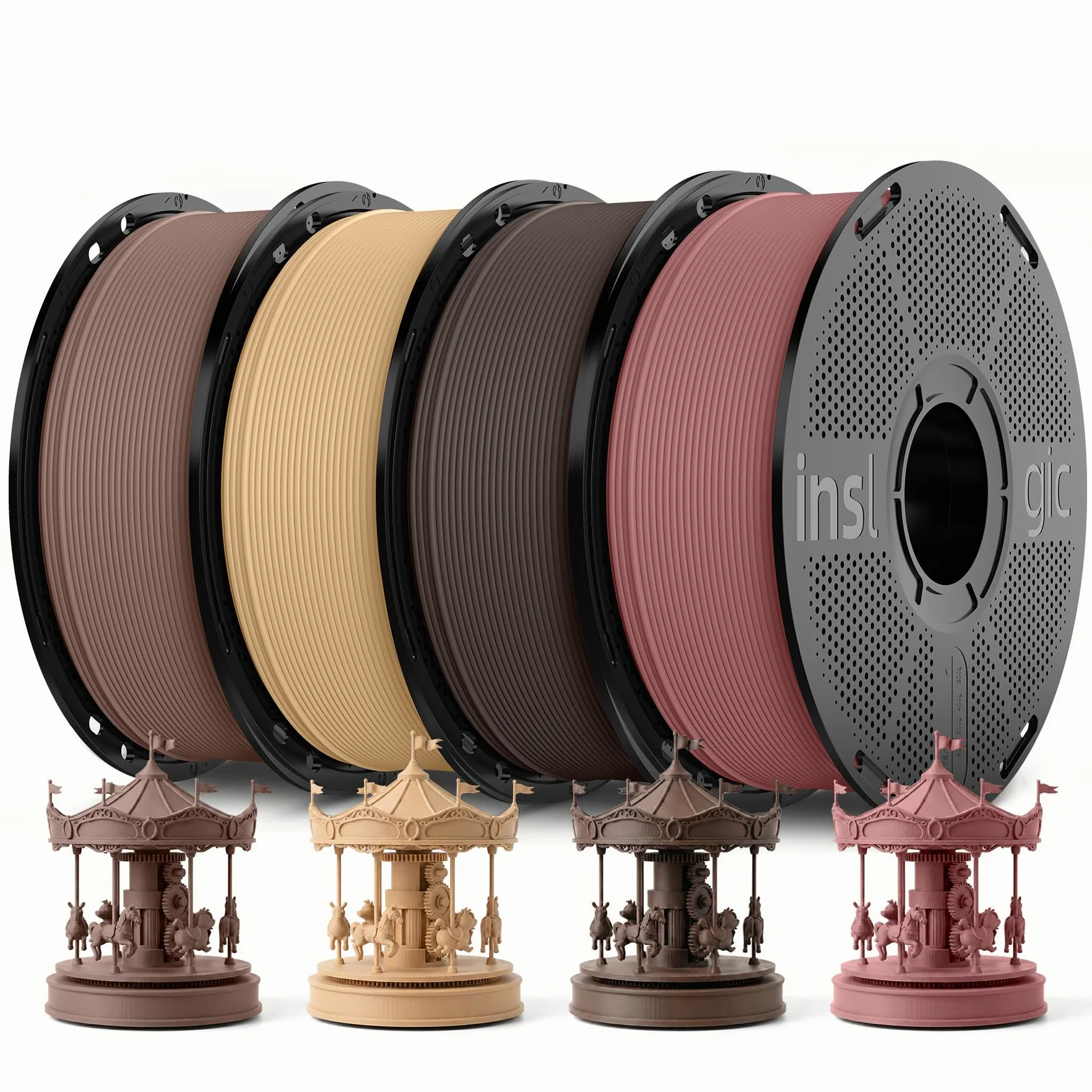 Inslogic Filamento WoodFill PLA 1,75 mm para Impresora 3D, Paquete Multicolor de 4 kg, Textura Real de Madera, compatible con la mayoría de las impresoras FDM 3D (Arce+Madera Natural+Nogal+Cerezo)