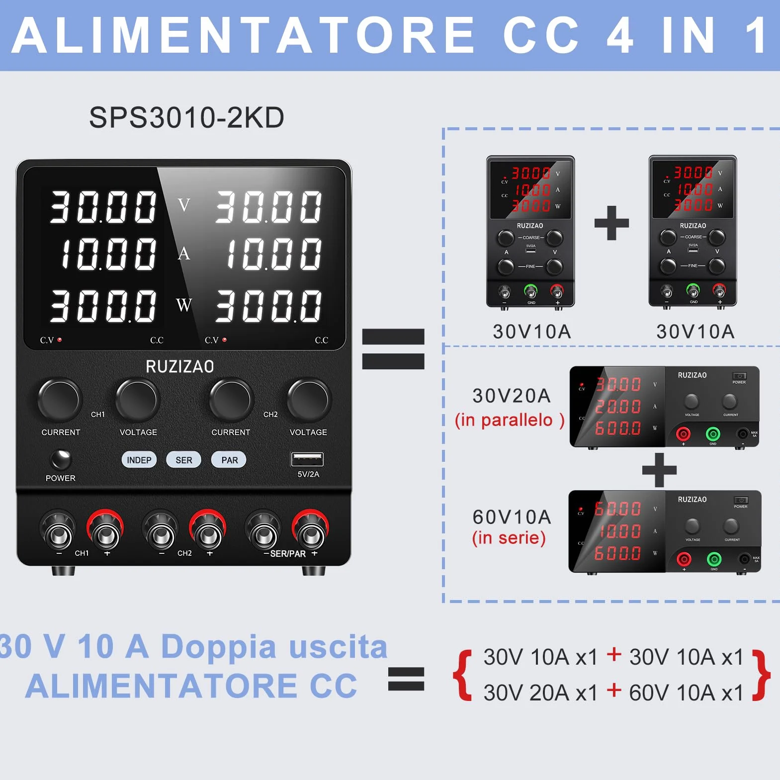 4 en 1 Fuente de Alimentación 30V 10A, Corriente y Potencia de 4 Dígitos Conversión Serie/Paralelo 30V 20A/60V 10A Fuente de Alimentación de Alta Potencia Ajuste del Codificador