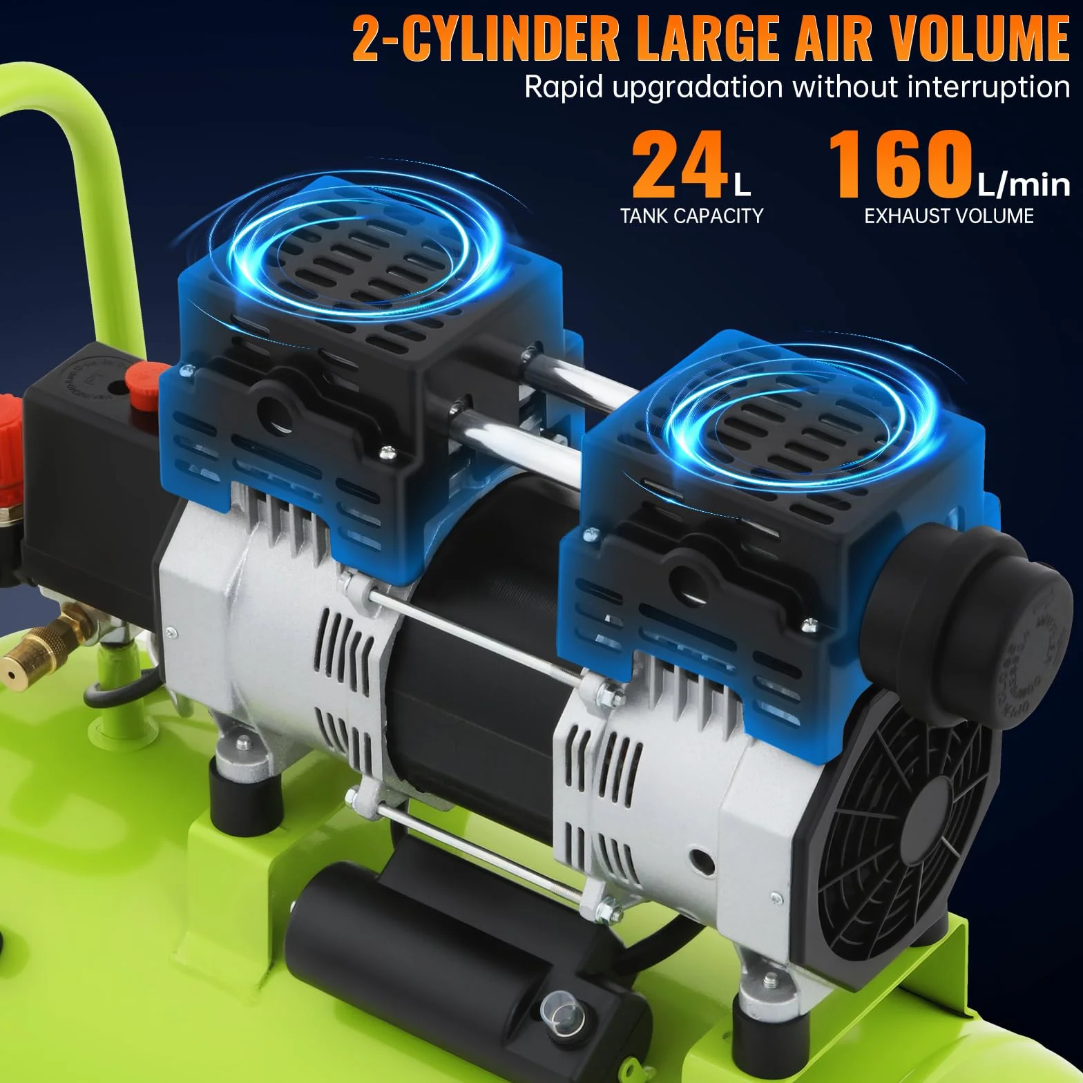 Compresor de Aire Sin Aceite 1 HP 24L , 160 L/Min, 75 dB Nivel Sonoro Bajo, Compresor Silencioso Raffreddamento rápido, Compresor Sin Aceite Presión Regulable para Coche y Pintura