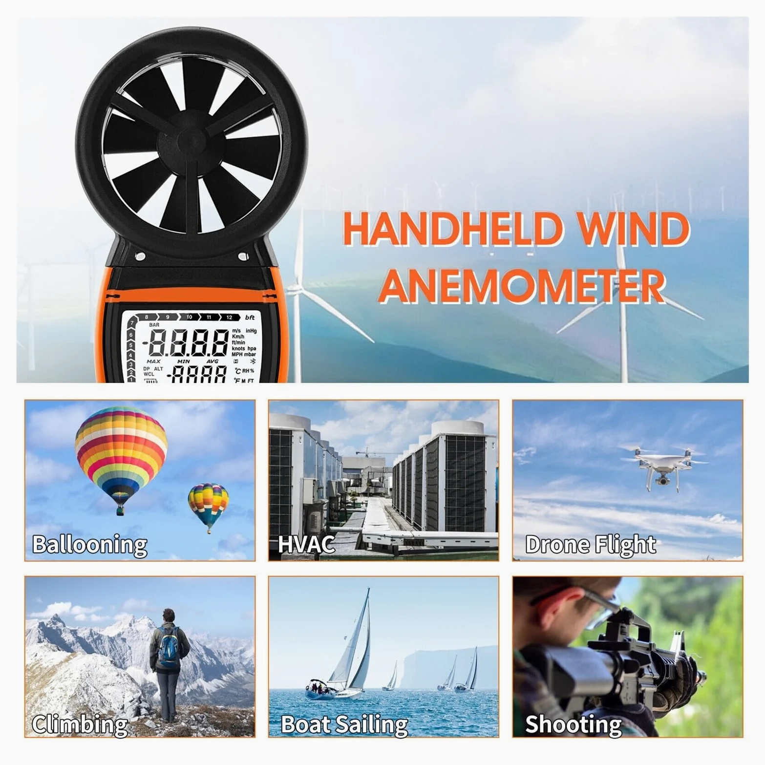 Anemómetro anemómetro, alta precisión, tacómetro profesional, RPM Digital, medidor de velocidad del aire, recargable