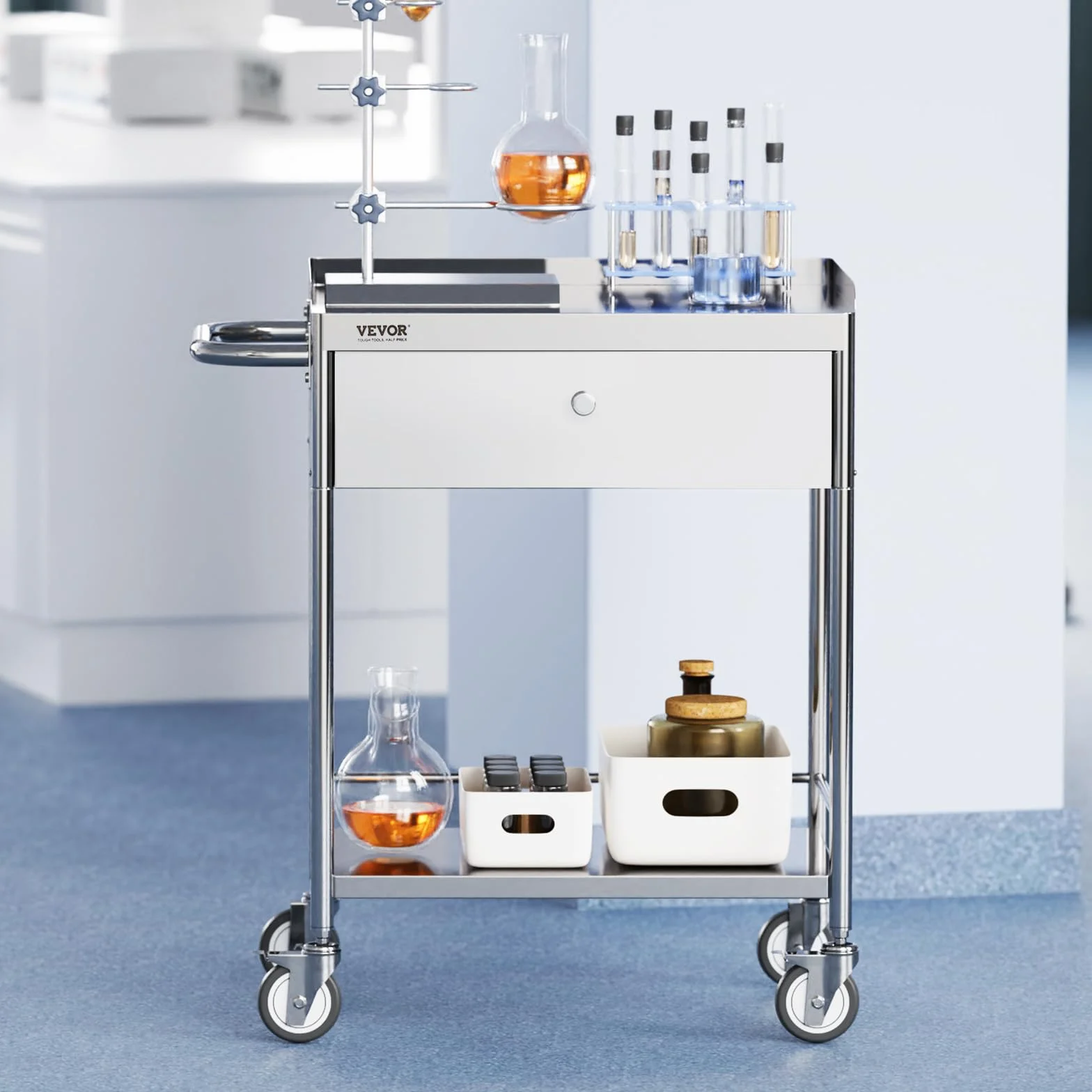 VEVOR Carro de Laboratorio de Acero Inoxidable 2 Niveles Carrito de Médico 71x42x78,5 cm Carro con Cajón Carga de 100 kg Movimiento Silencioso para Almacenamiento Clínico Cocina Hotel Salón de Belleza