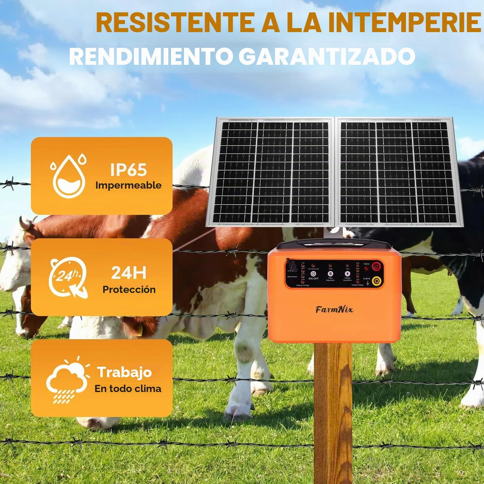 48KM Solar Pastor Electrico, Voltaje Ajustable 6-12KV, 1.5J, 15W Panel Solar, Batería Recargable, Protección 24H Ininterrumpida para Ganado, Jardín y Granja