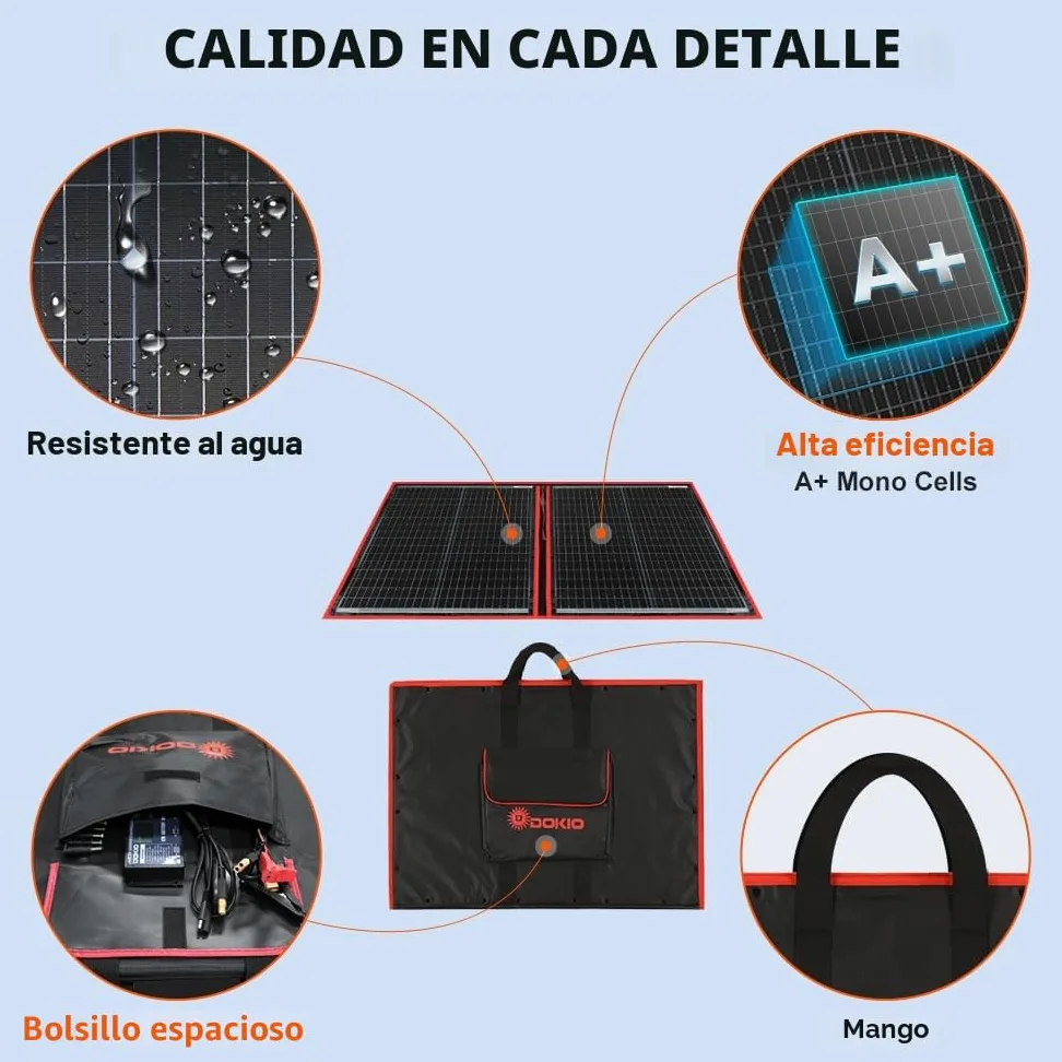 DOKIO Panel Solar PLEGABLE 100w 12v monocristalino portátil, impermeable, ideal para la energía solar al aire libre, embarcaciones, camping, caravanas o autocaravanas