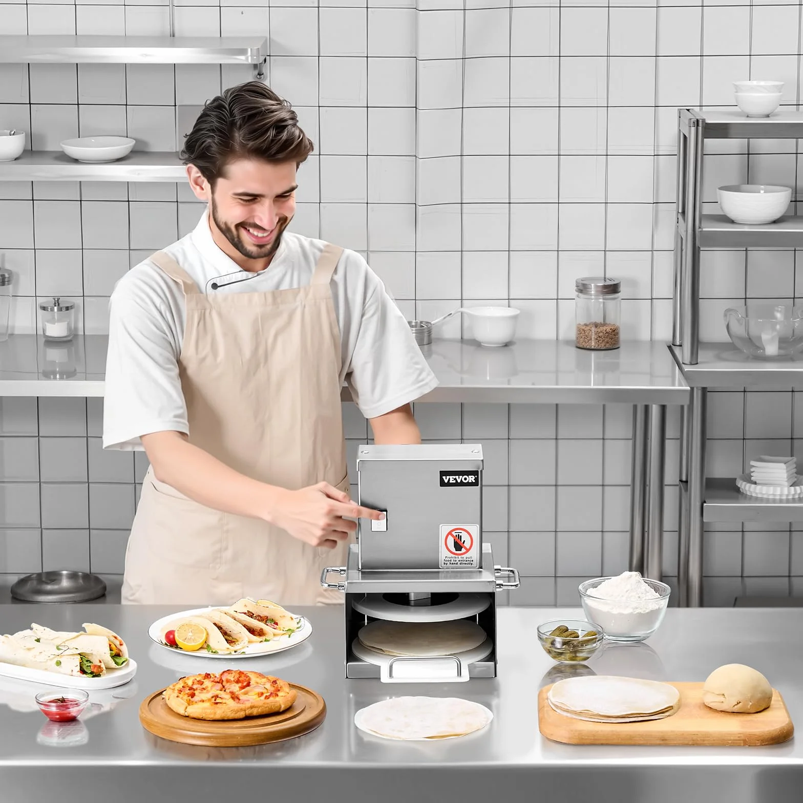 VEVOR Prensa Eléctrica para Masa de Pizza, Placa de Prensado 15 cm, Máquina de Pan de Acero Inoxidable, Espesor Ajustable, con 100 Hojas de Papel Pergamino, 240 x 250 x 330 mm, Fácil de Usar
