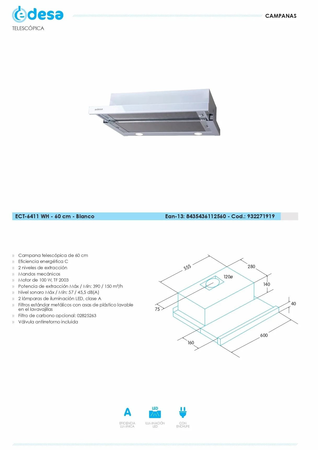 Edesa Campana Extractora de Cocina ECT-6411 WH 60 cm 100 W Blanco