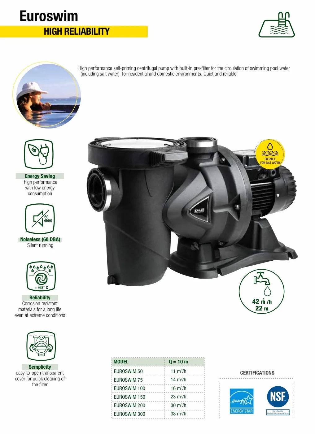 DAB EUROSWIM 150 M 1,5 HP Bomba de Agua Electrobomba para piscinas monofásica centrífuga autocebante silenciosa doméstica y residencial líquidos agresivos granjas de peces agricultura e industria.