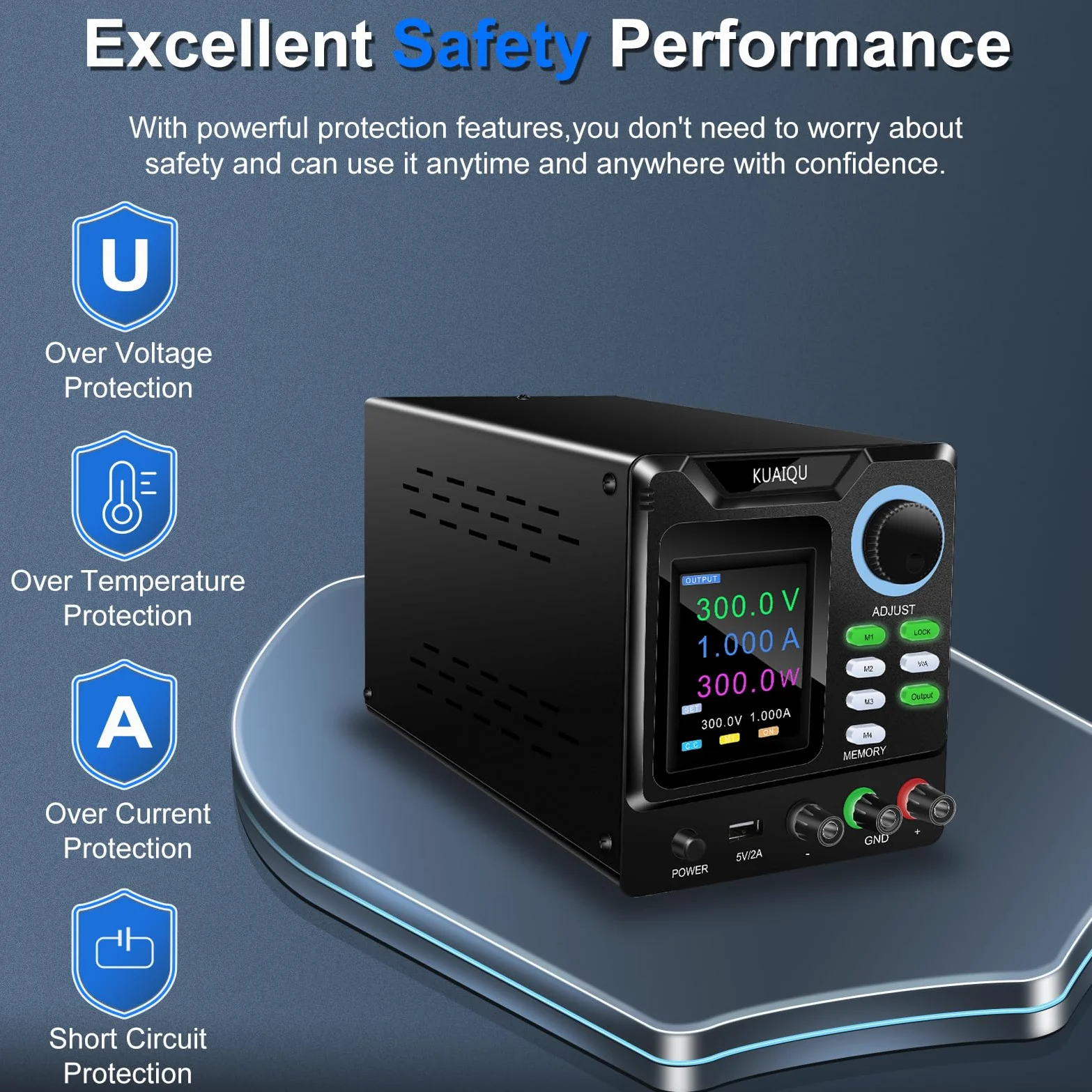 Fuente de Alimentación Regulable Programable 300V 1A, Alto Voltaje Fuente de Alimentación Laboratorio con Software PC, Perilla Codificadora, Memoria, Interruptor de Salida y Botón de Bloqueo