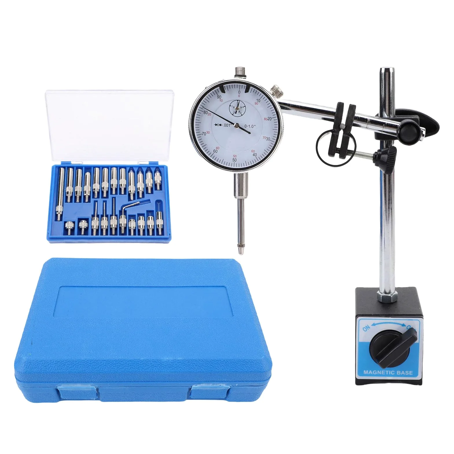 Indicador de cuadrante de precisión con juego de base Ajuste fino Brazo largo Servicio pesado Precisión de 0 1 pulgada 0 001 pulgada para mediciones de máquinas de laborato