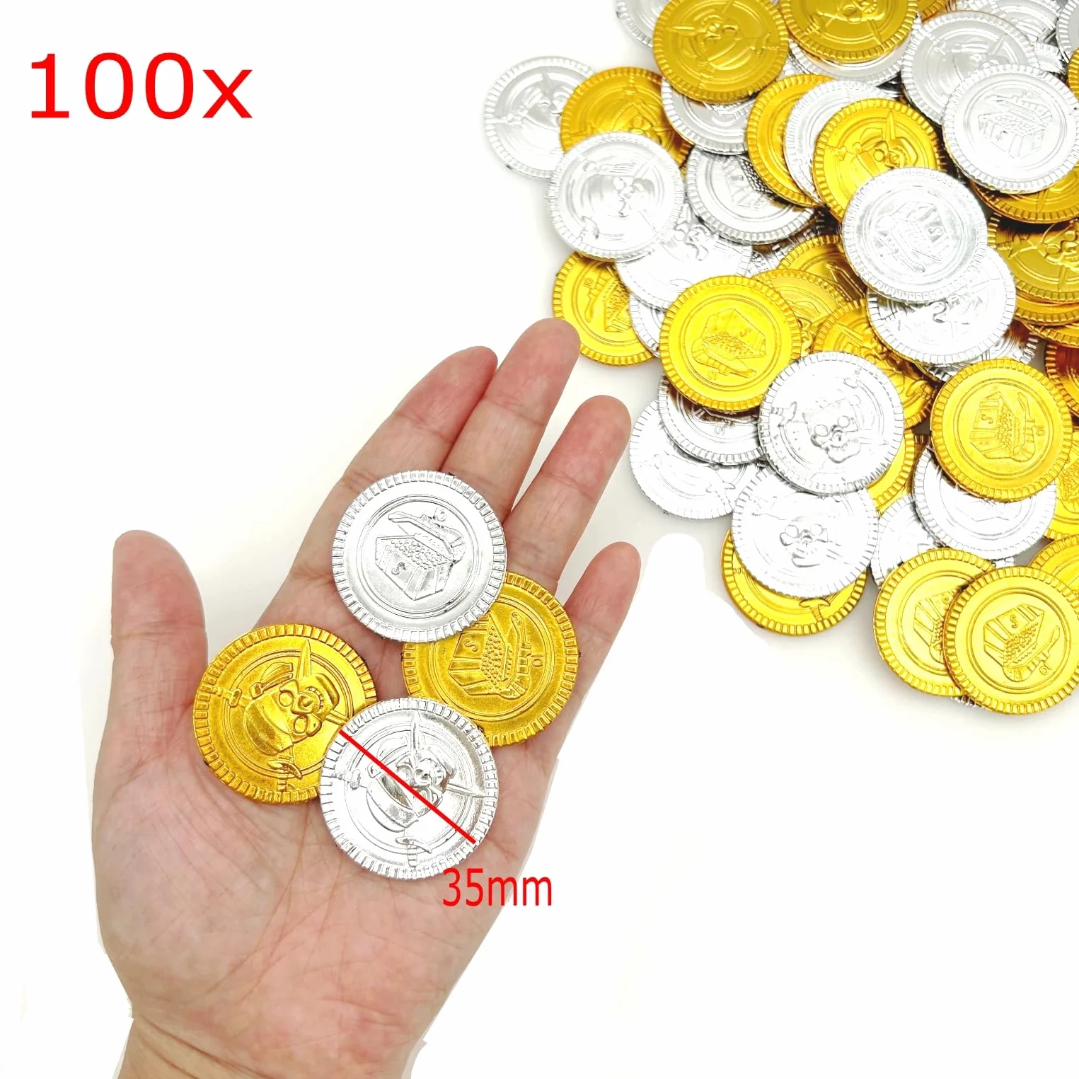 JZK 100 monedas de plástico de oro y plata para caza del tesoro pirata juguetes niños Halloween Navidad
