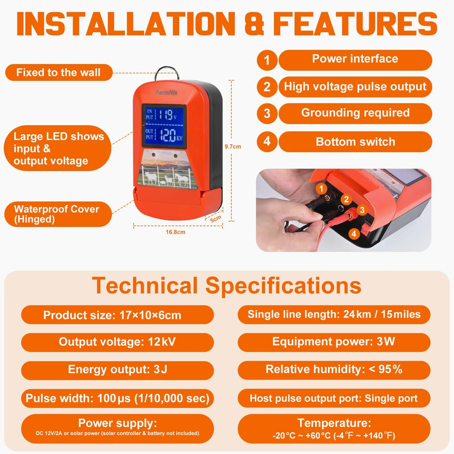 Energizador de Cercas Eléctricas 12V con Pantalla LED, Cerca Eléctrica 3J 230V para 24 KM, Alimentación Múltiple (Red/Batería/Solar), Cargador de Cercas para Ganado, Caballos y Granjas