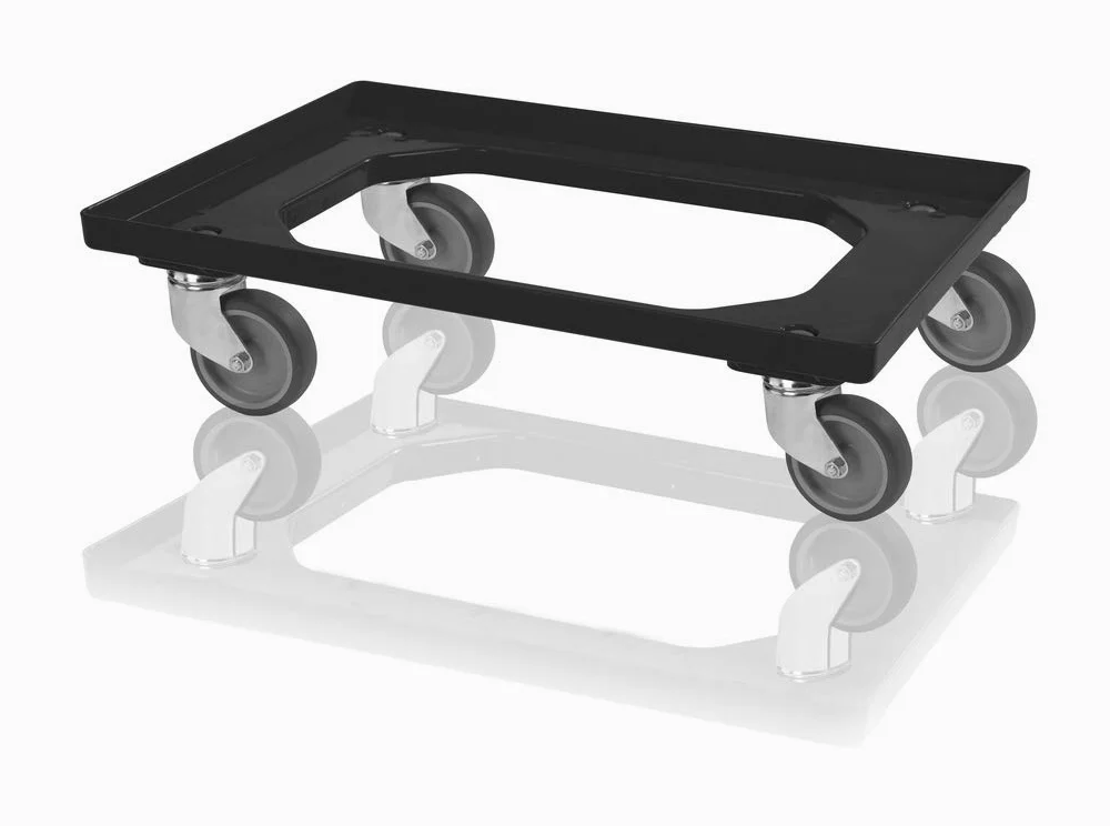 Patinete de transporte negro para contenedor europeo 60 x 40 con ruedas de goma