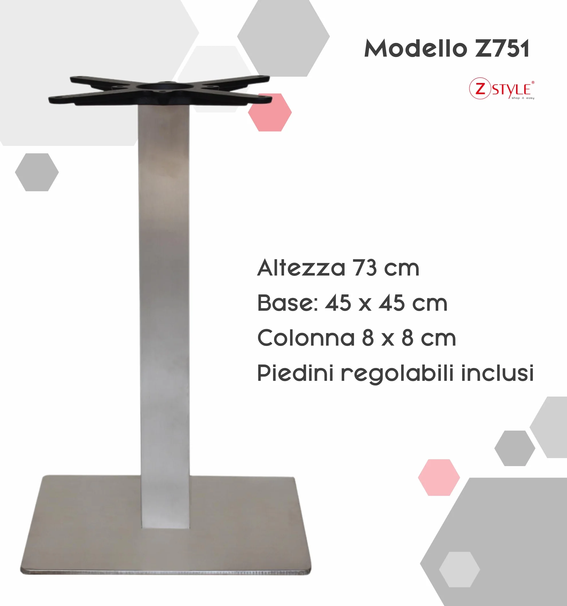 ZStyle Base de mesa cuadrada de acero inoxidable para mesas de bar, bistro y restaurantes - pie central (Z751: 45 x 45 x 73 cm)