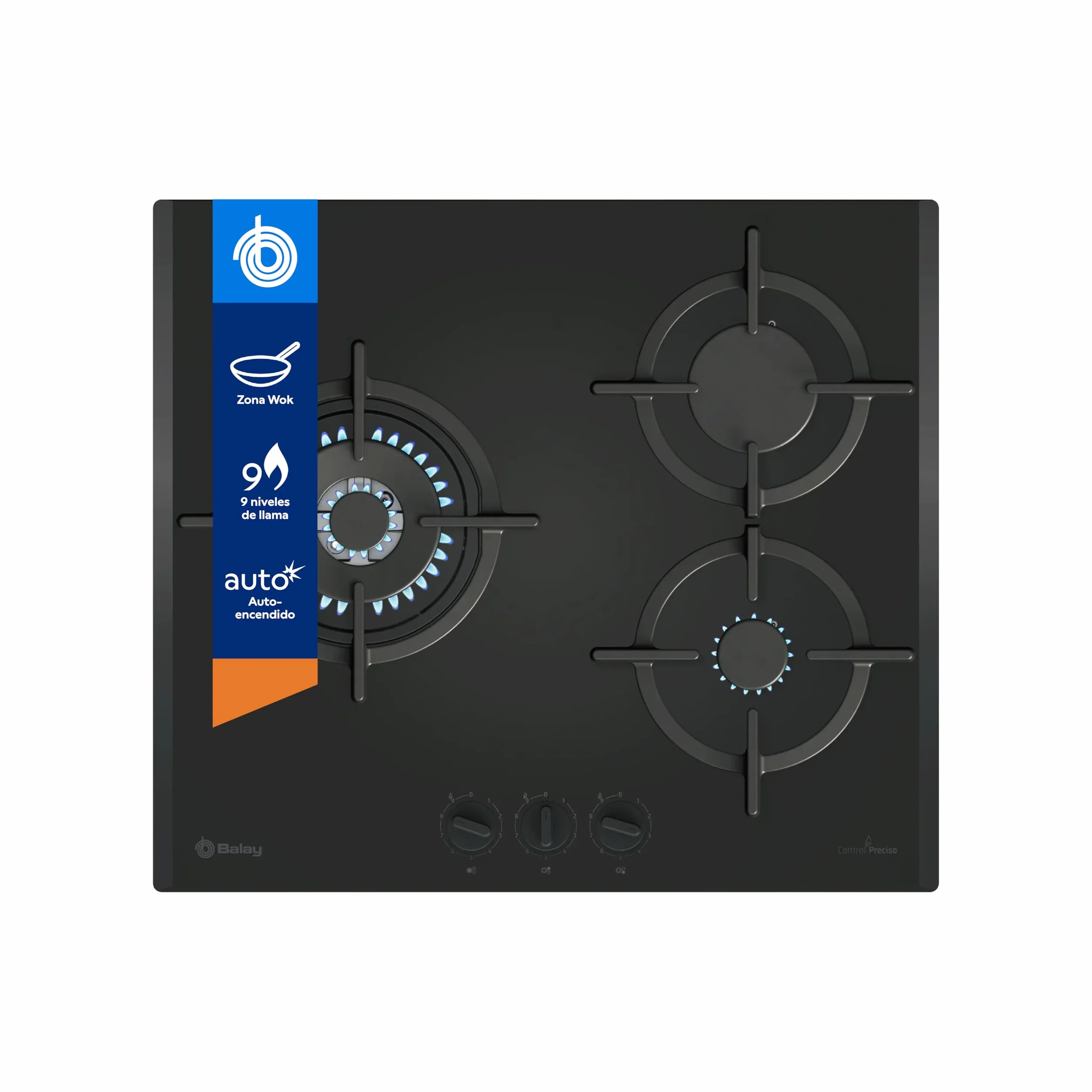 Balay 3ETG663RN Placa de gas 60 cm 3 Zonas Cocción Mandos extraíbles Control llama Autoencendido GasStop negro