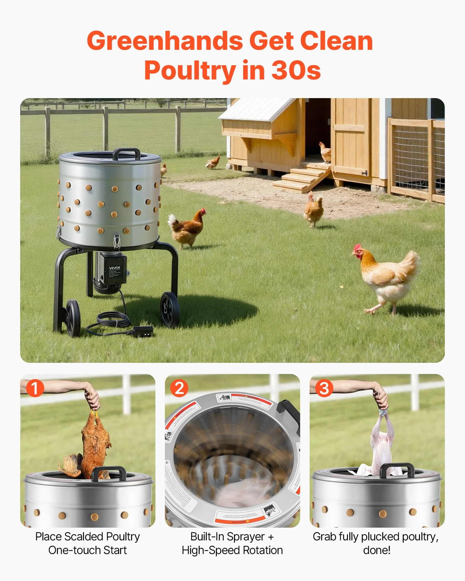 VEVOR Máquina Desplumadora de Pollos Eléctrica 900 W 230 RPM, Desplumador de Plumas Tambor de 50 cm de Acero Inoxidable con 98 Dedos Suaves y Ruedas de Transporte para Procesar 2 Pollitos a la Vez