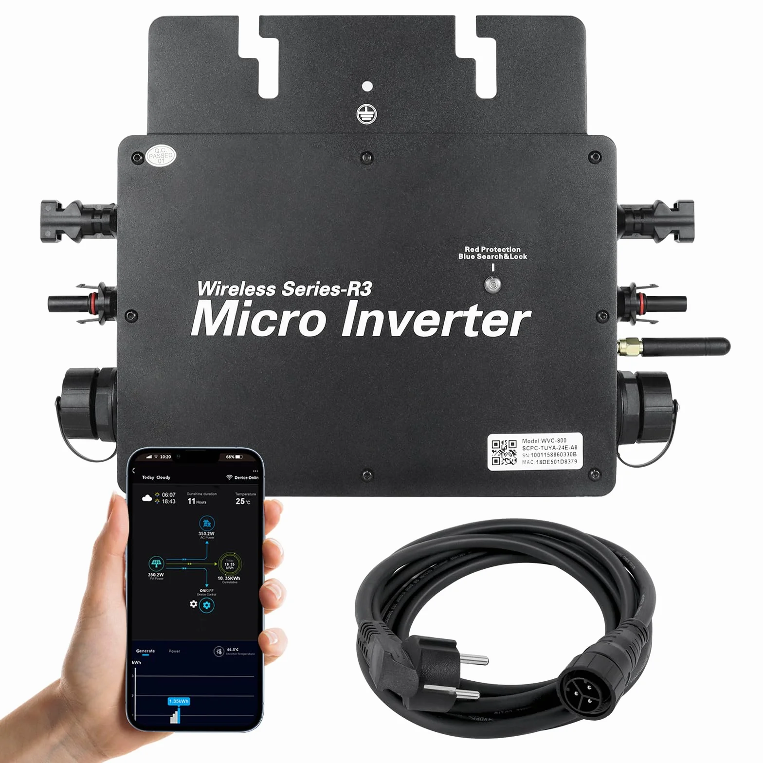 Microinversor 800W Inversor Solar fotovoltaico con WiFi y Bluetooth,Entrada DC 20-60 V,Plug & Play inversor Solar Inteligente para Sistemas solares en Balcones