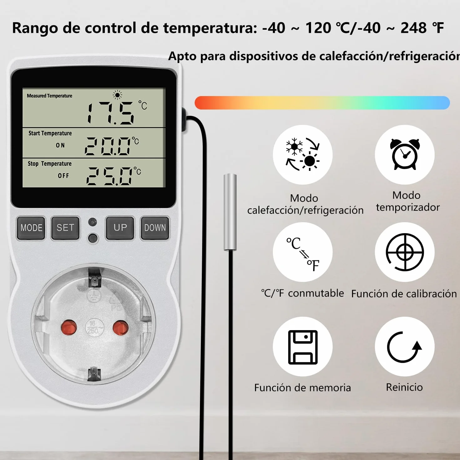 Enchufe Termostato Digital KT3100 Controlador Temperatura Acuario 230V 16A Sensor 3m