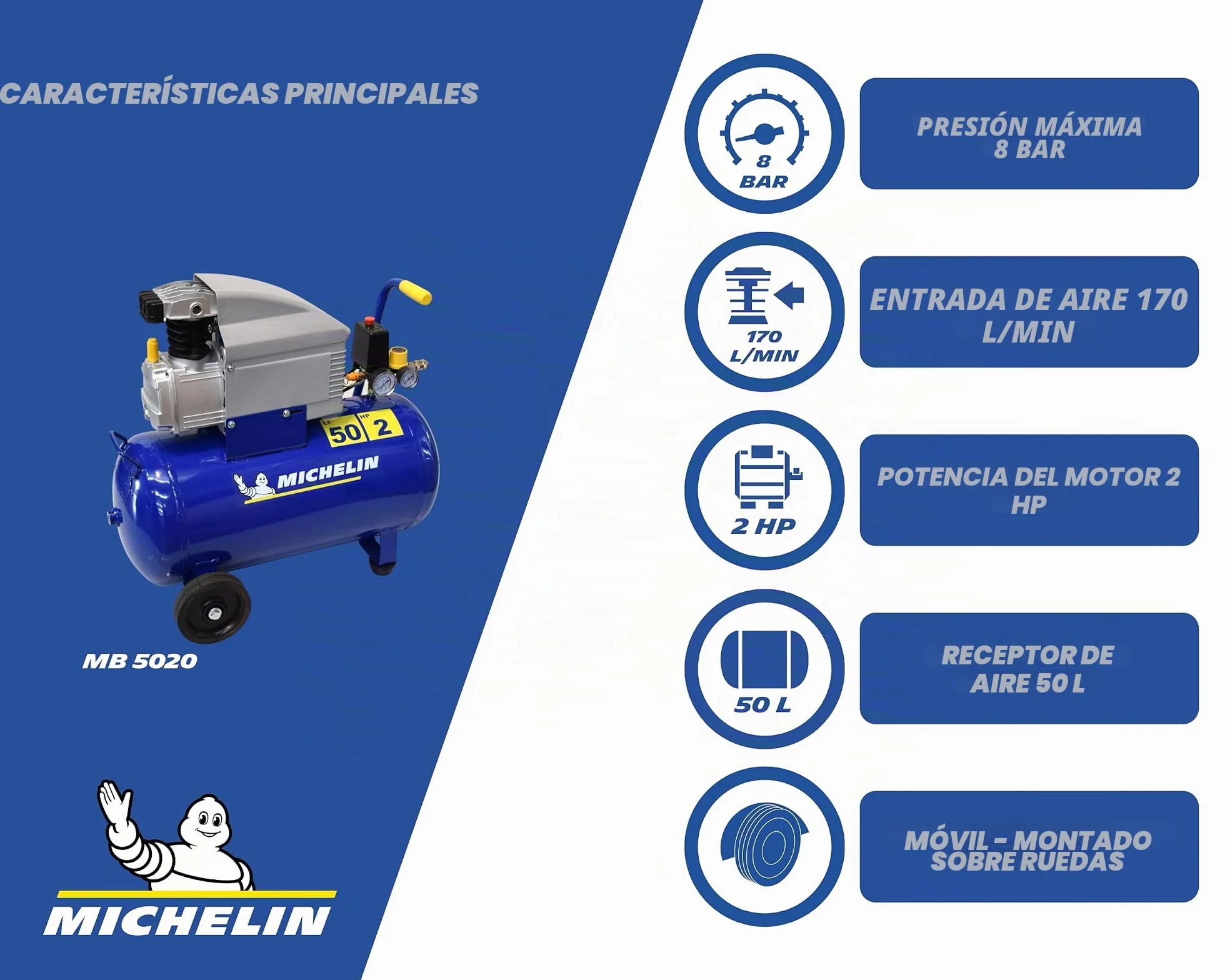 Compresor de aire MICHELIN MB5020 50L 2CV 8bar 170L/min