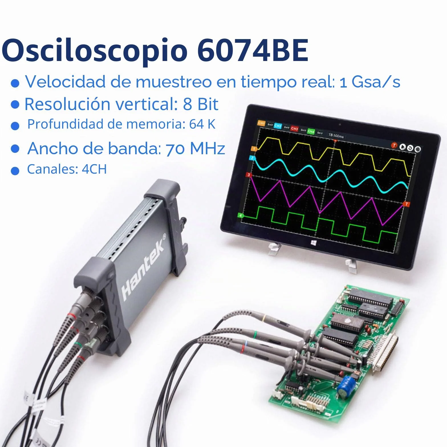 Osciloscopio 6074be de 4 canales con diagnóstico automotriz USB para PC (70 MHz) de Hantek
