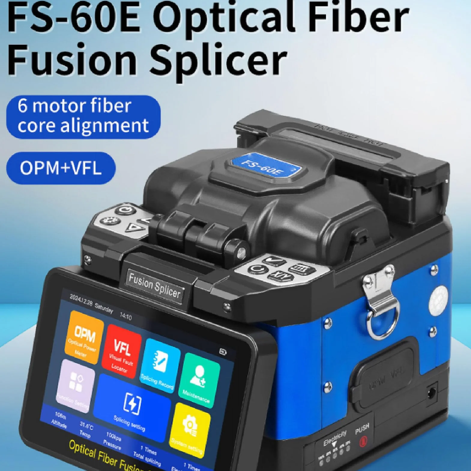 Empalmador de Fusión Motora con Pantalla Táctil Capacitiva para FTTH, Alineación de Núcleos, 100-240V
