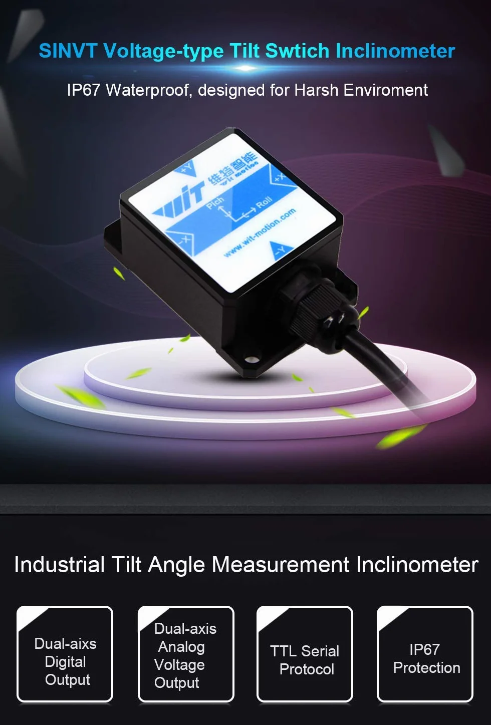 【Interruptor de inclinación tipo salida de voltaje SINVT-232】 Inclinómetro de seguridad analógico de doble eje (salida de 0-5 V, -90 grados), sensor de ángulo de inclinación antivibraciones (IP67)