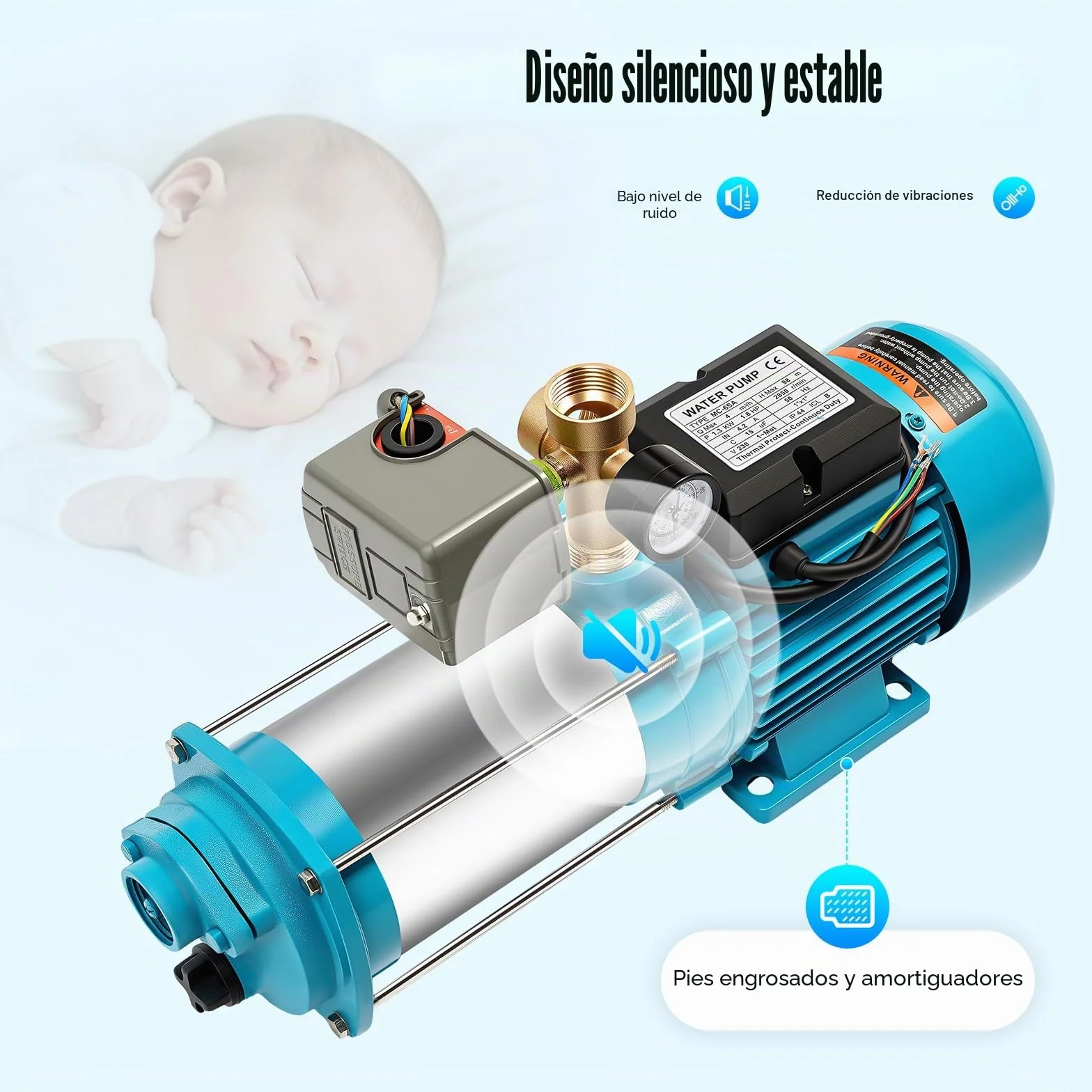 Bomba de jardín autocebante, 230 V, 1300 W, bomba centrífuga con interruptor de presión, 4000 L/H, 9,8 bar, bomba de agua doméstica, bomba de agua, 35 ℃, temperatura máxima del agua para plantas de