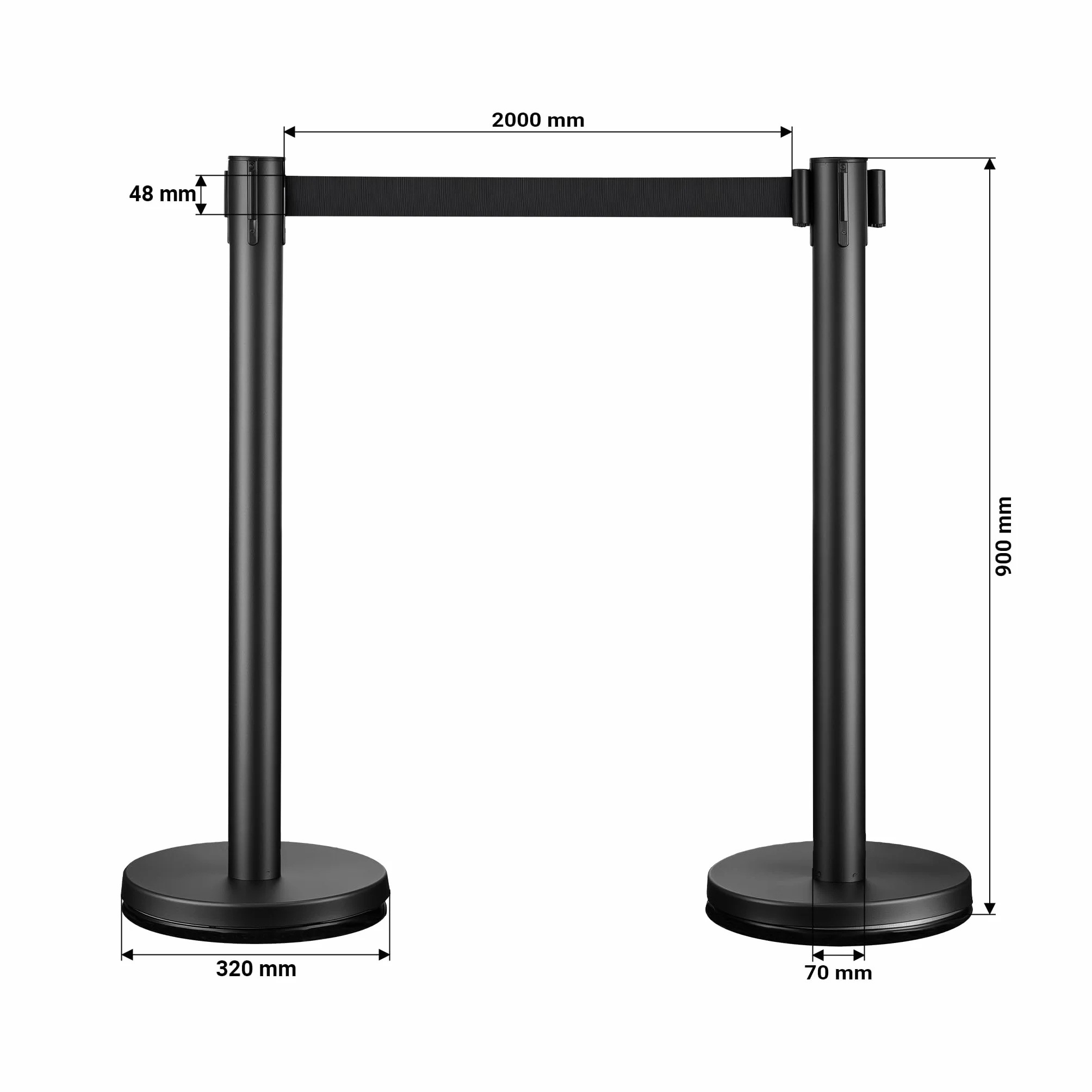 Wiltec Juego de 2 postes separadores con cinta retráctil 200 cm, acero inoxidable, negro