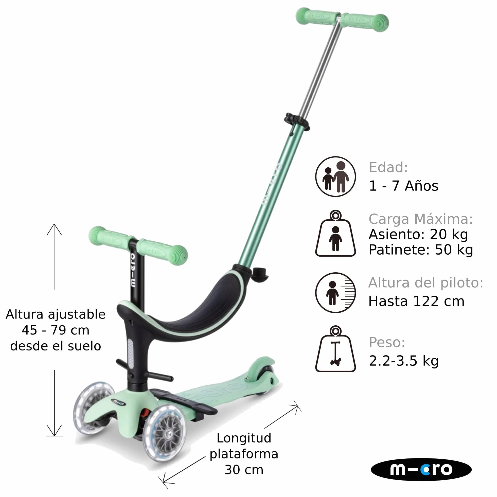 Micro Mini2Grow Deluxe LED Patinete Evolutivo 4en1 con Asiento para Niños 1-6 Años