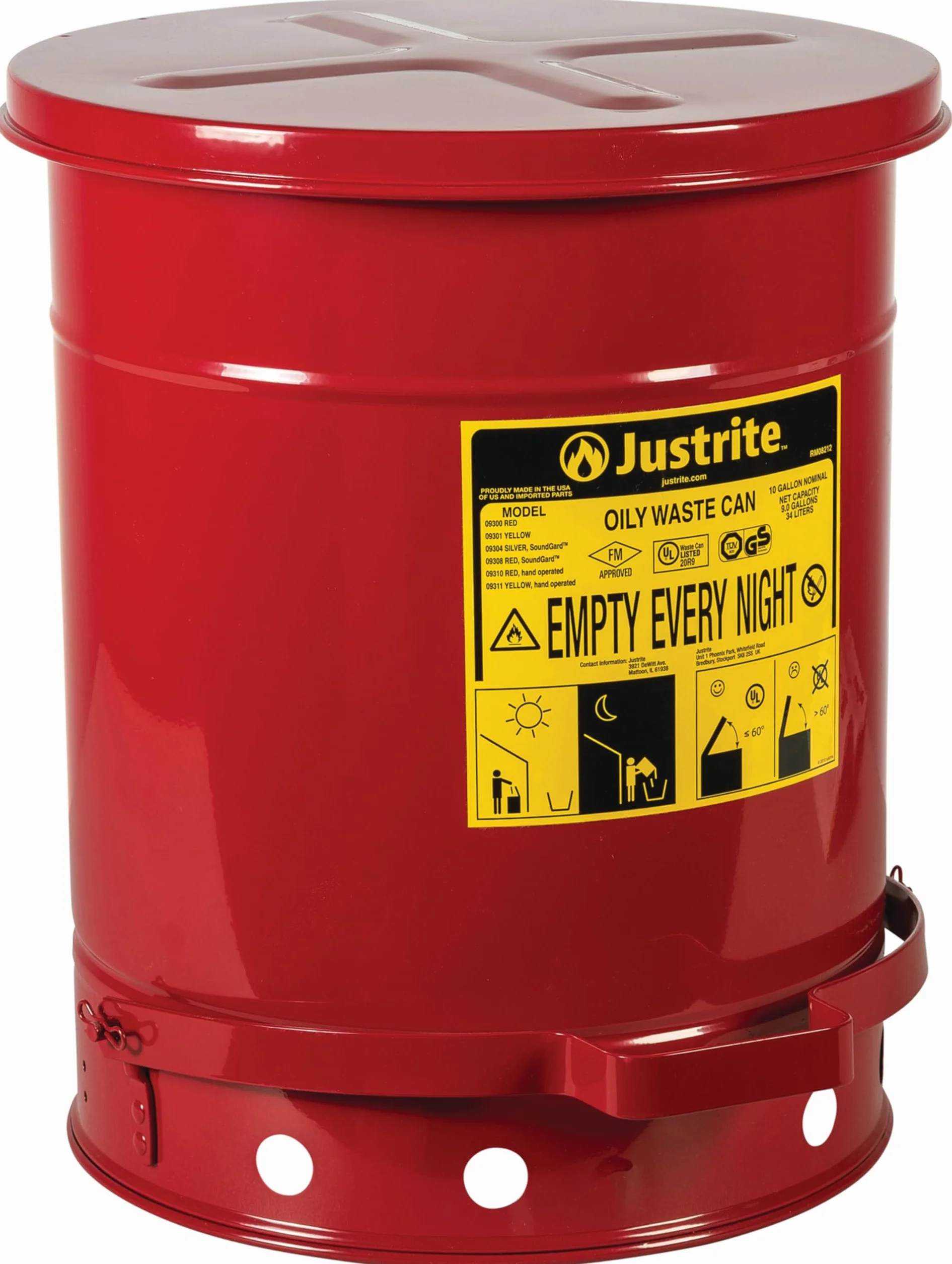 Justrite 09300 - Lata de seguridad para desechos oleosos, de acero galvanizado, con pedal de pie, 34 litros de capacidad, 354 mm de diámetro exterior x 464 mm de altura, rojo