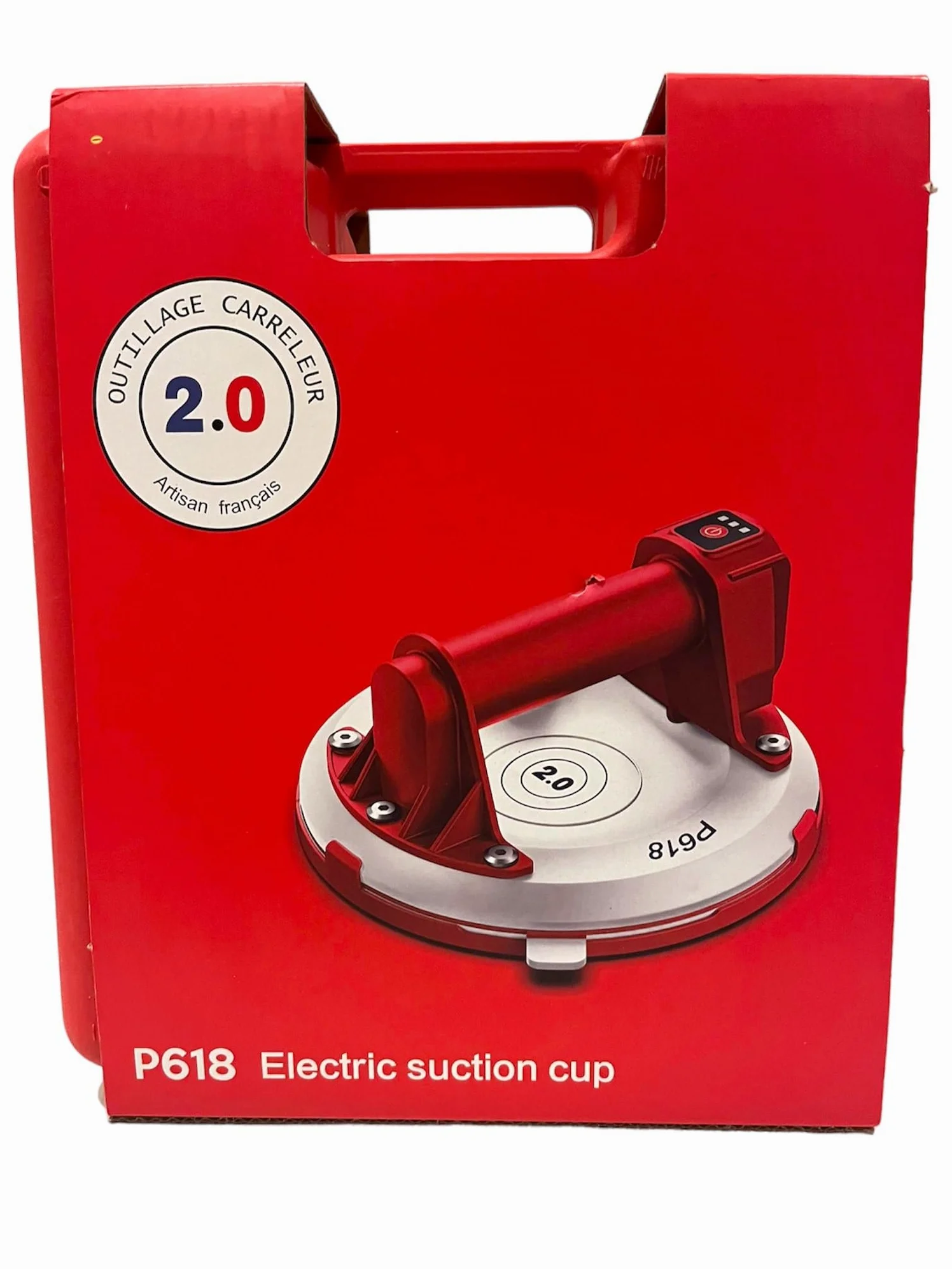Ventosa eléctrica con manómetro Ø20 cm 140 kg (roja) – Succión automática con control de vacío, con maletín – Outillage Carreleur 2.0