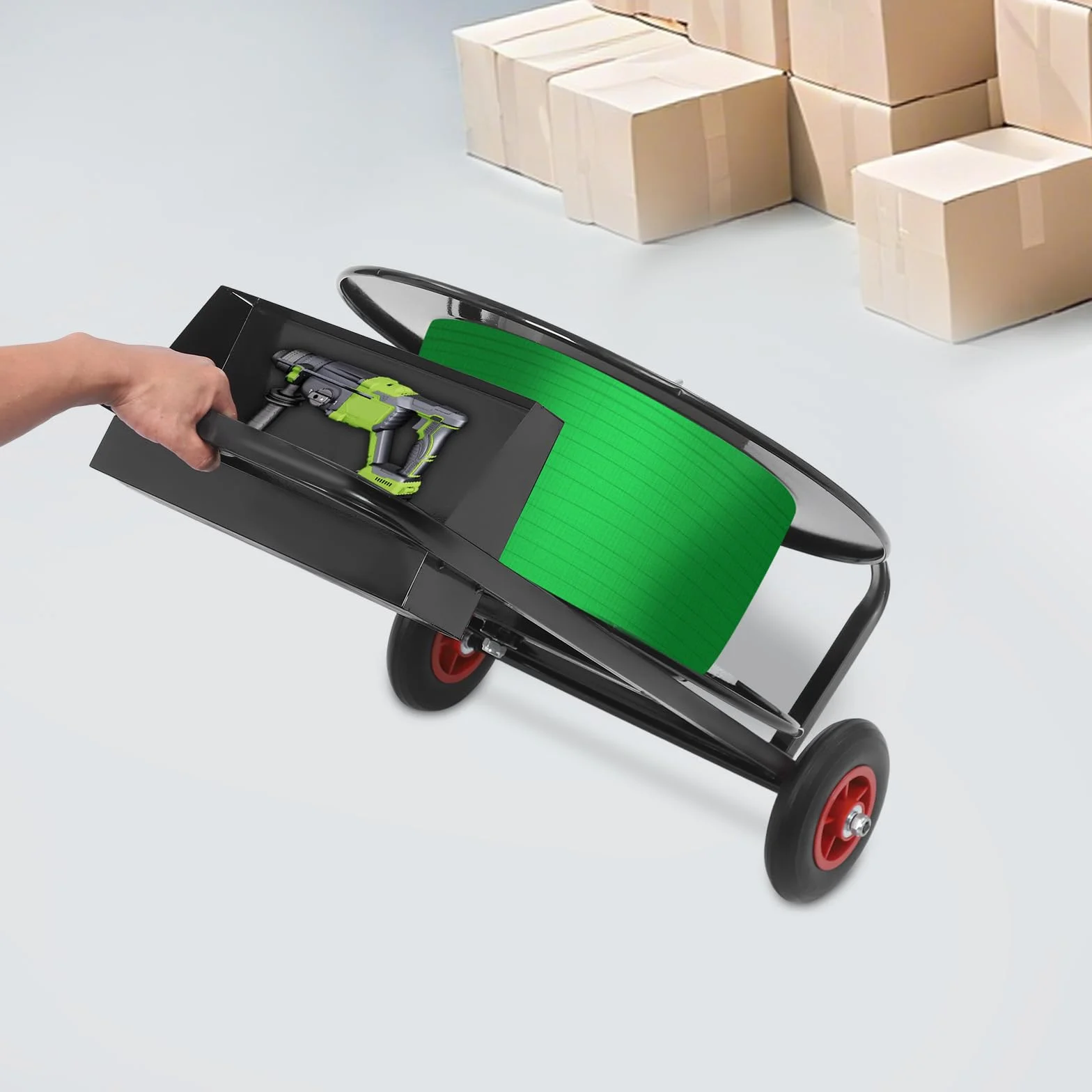 Carro para flejado, dispensador de flejes móvil y carro de flejes pesados con bandejas de almacenamiento, ruedas de hasta 80 kg, para cinta PP (200 mm/400 mm de diámetro interior)