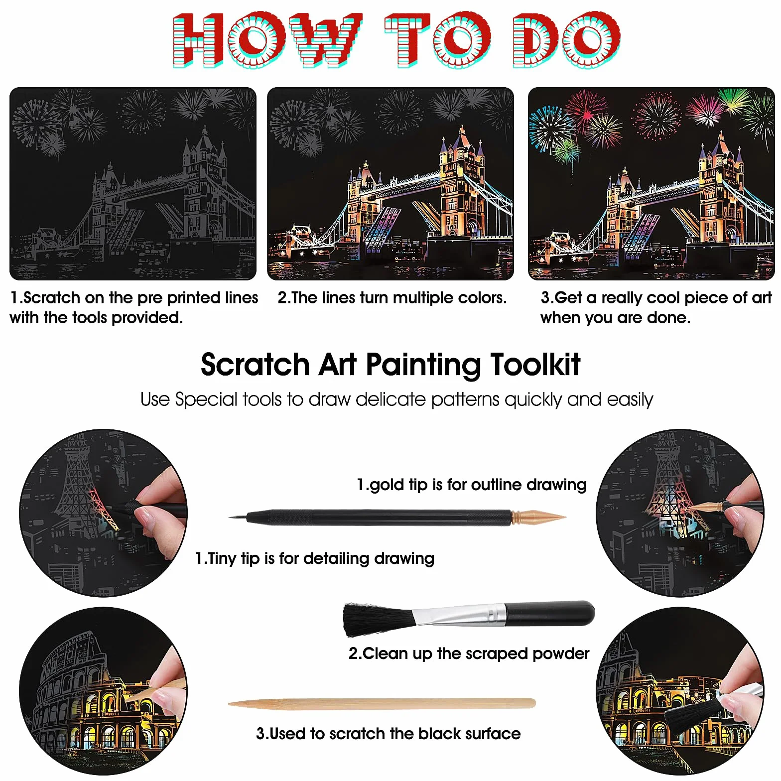 Lusofie 12 Hojas Papel Arcoíris para Rascar Manualidades Kit de Artes con 6 Herramientas
