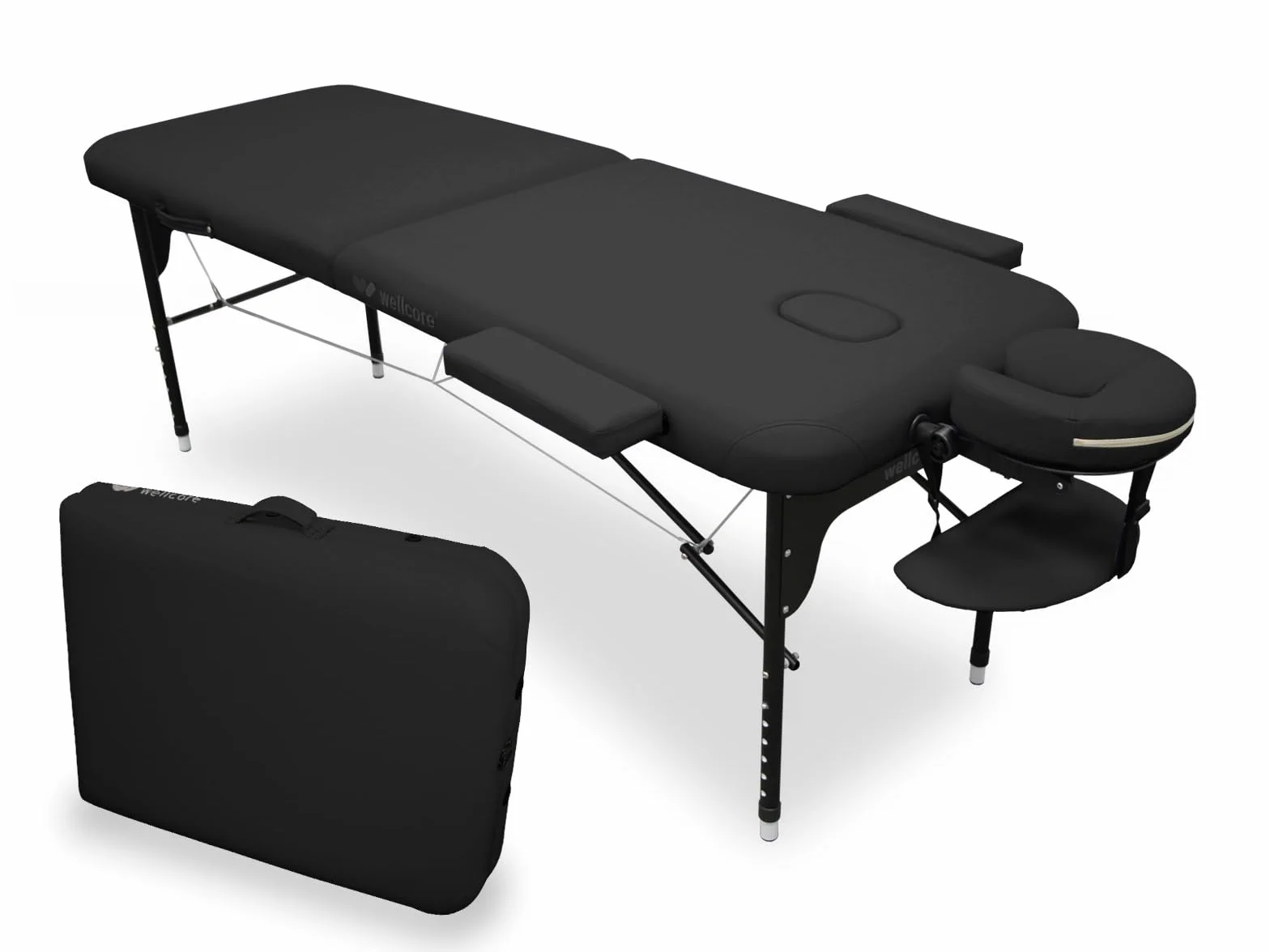 QUIRUMED Camilla Plegable de Aluminio WELLCORE, 185 x 65 cm, Polipiel, Altura Regulable, Cabezal articulado, Agujero Facial, Brazos Laterales, Color Negro, Mochila de Transporte, hasta 225 kg