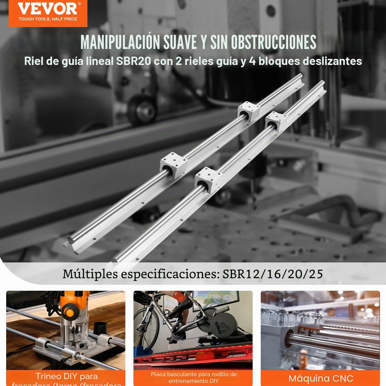 VEVOR Riel de Guía Lineal SBR20 1000 mm 2PCS Rieles 4PCS Bloques SBR20UU Kit para Máquinas CNC Tornos