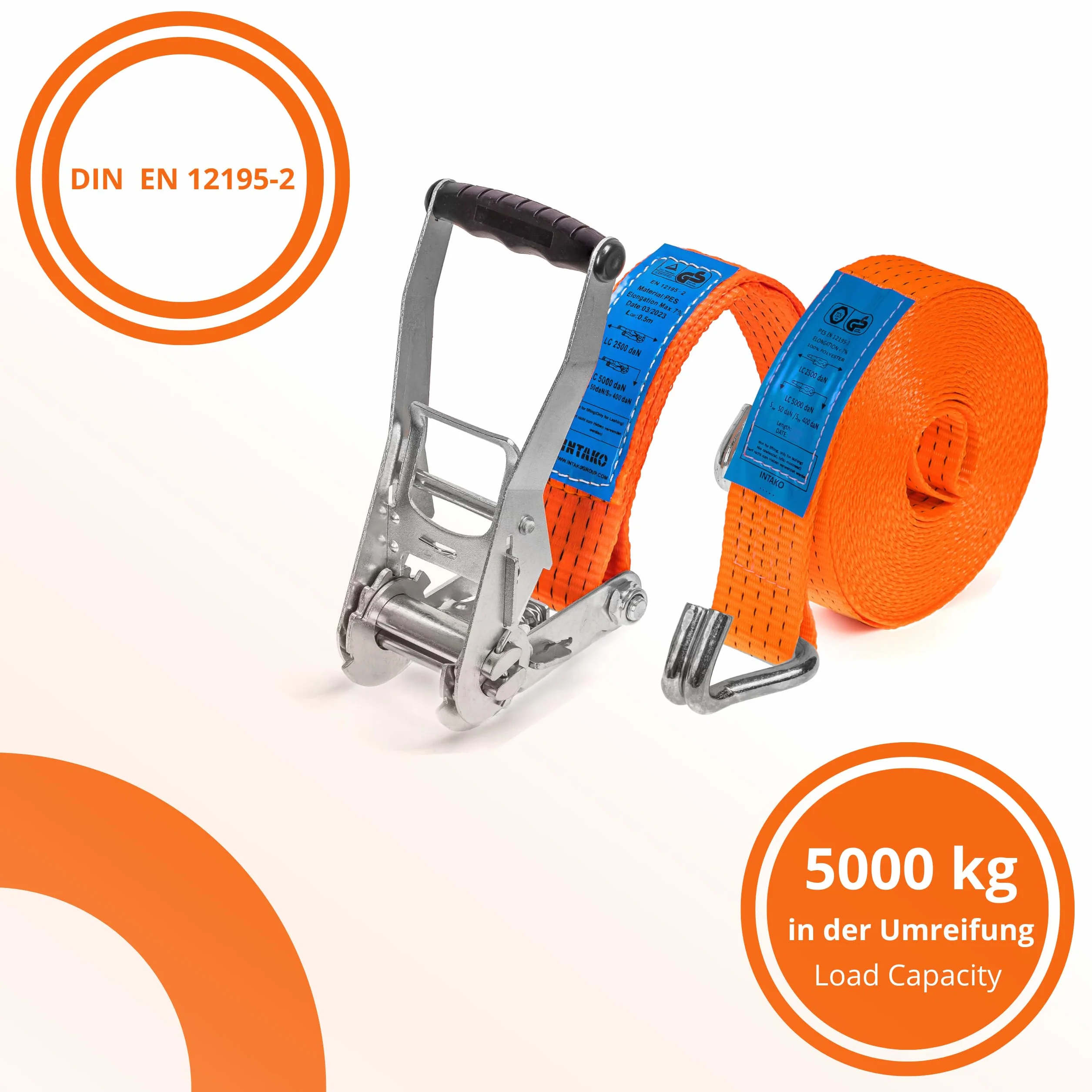 INTAKO Cinchas de Amarre con Carraca 6 m x 5000 kg x 50 mm 4 Piezas DIN EN 12195-2